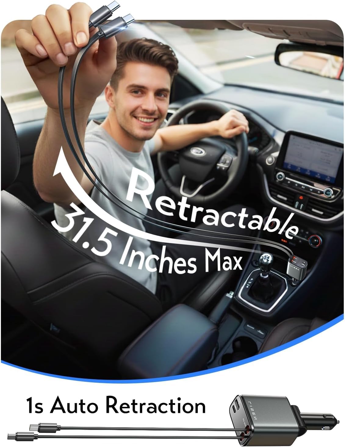 LISEN Retractable Car Charger, Dual USB C Retractable Cable Fast Car Adapter