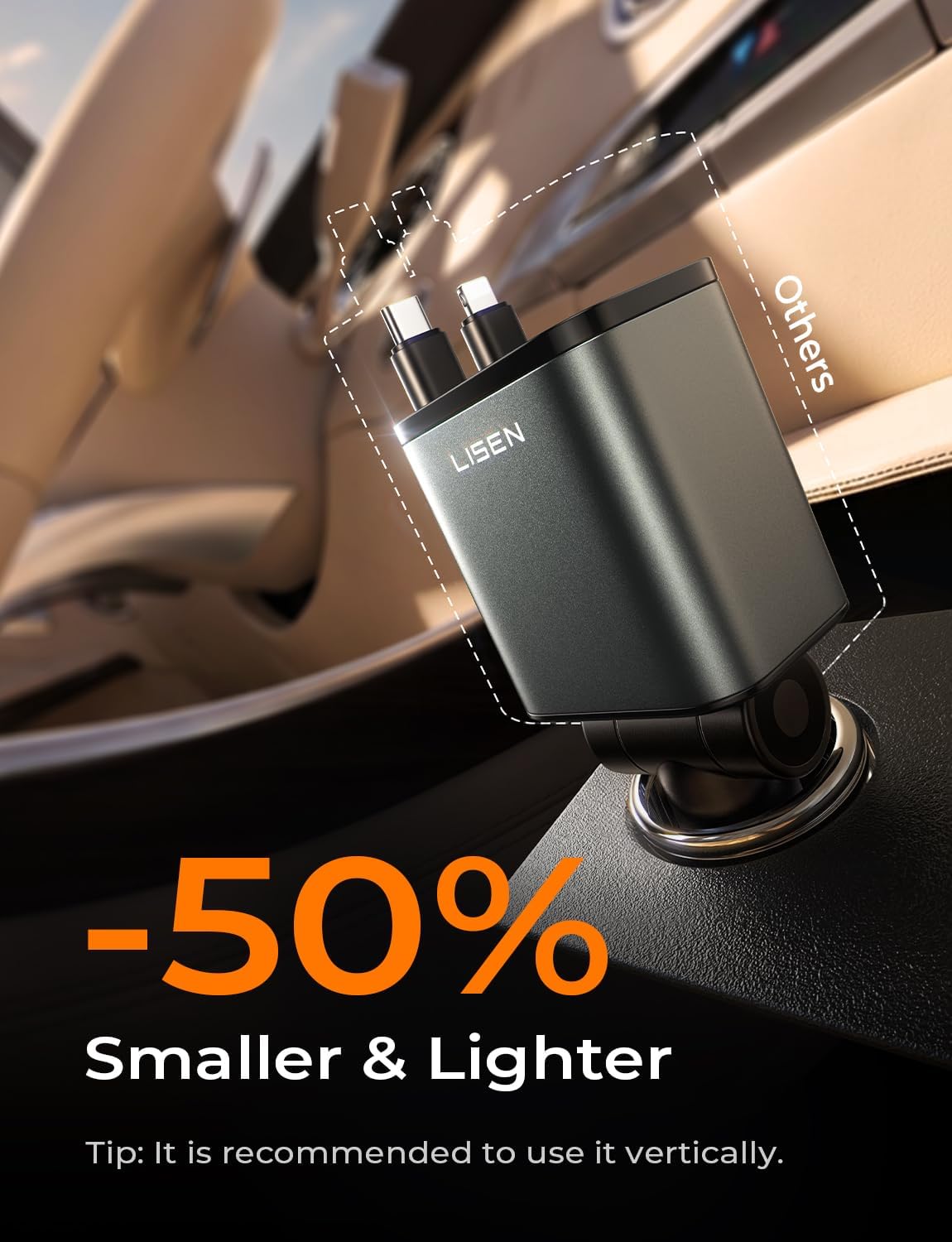 LISEN 4 in 1 Starlight Retractable Car Charger, 75W USB C Cigarette Adapter Fast Charging