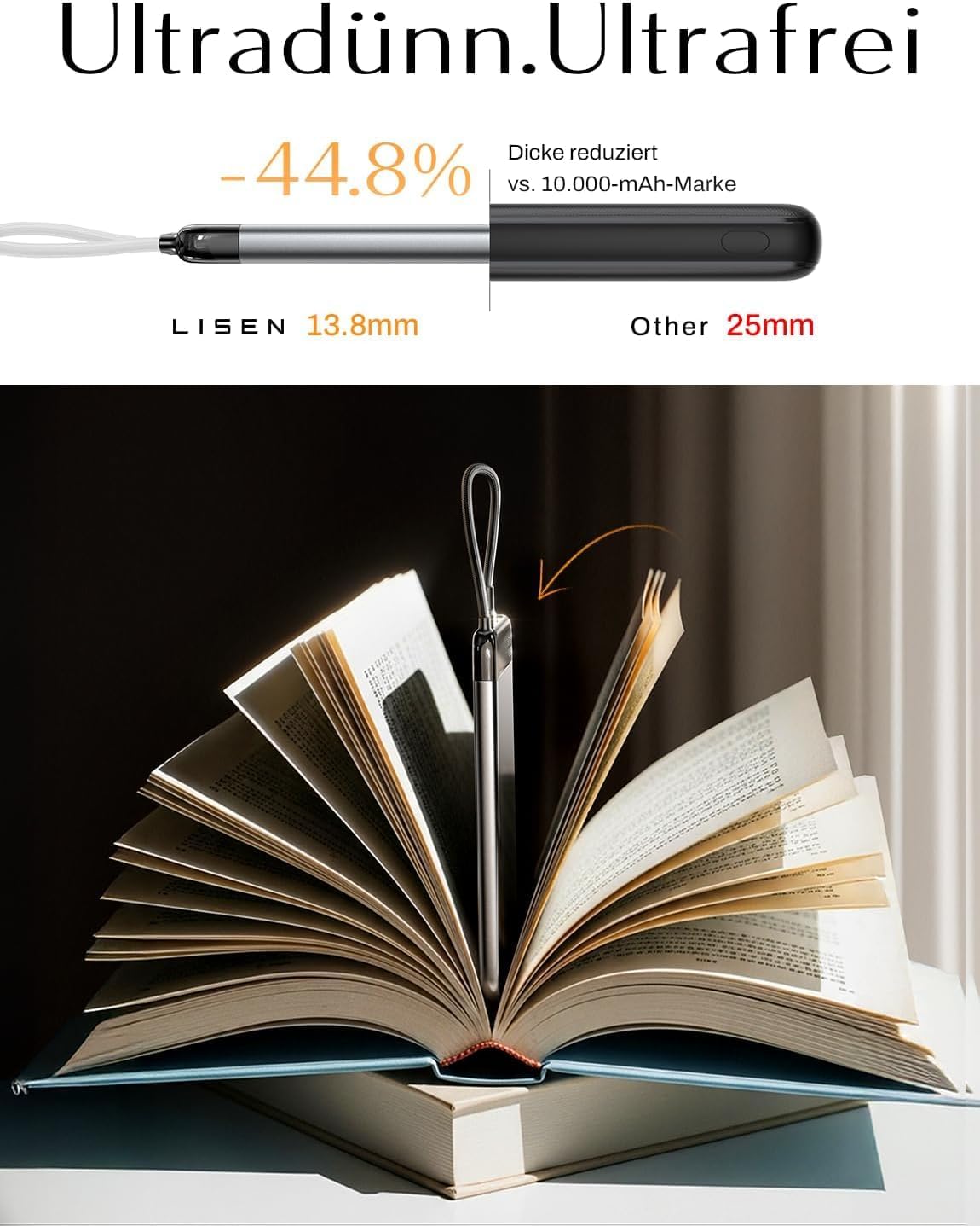 LISEN Slim Powerbank mit Kabel für