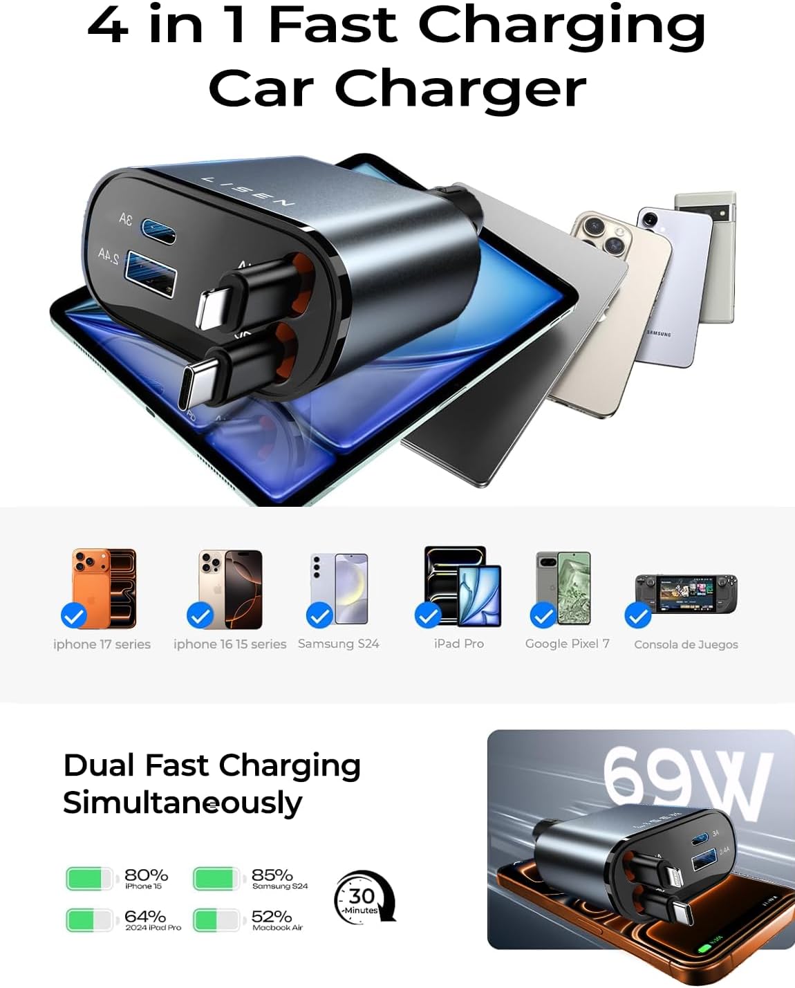 LISEN Retractable Car Charger, [2026 Upgrade 50 inch ] Long 4 in 1 Retractable Cable Car Charger