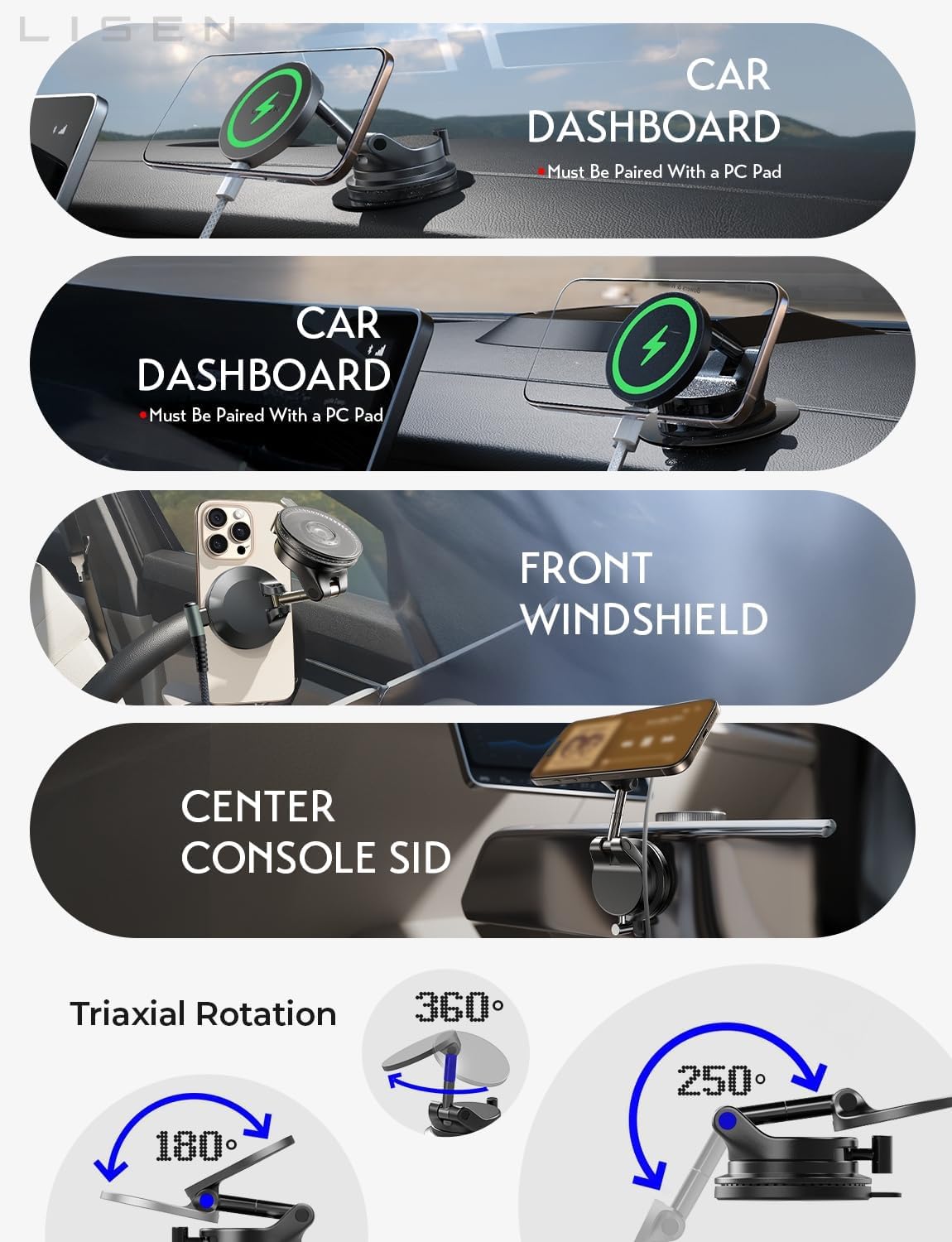 LISEN 15W Magsafe カーマウント充電器