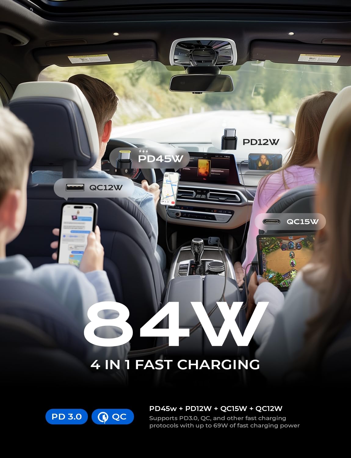 LISEN Retractable Car Charger, Dual USB C Retractable Cable Fast Car Adapter