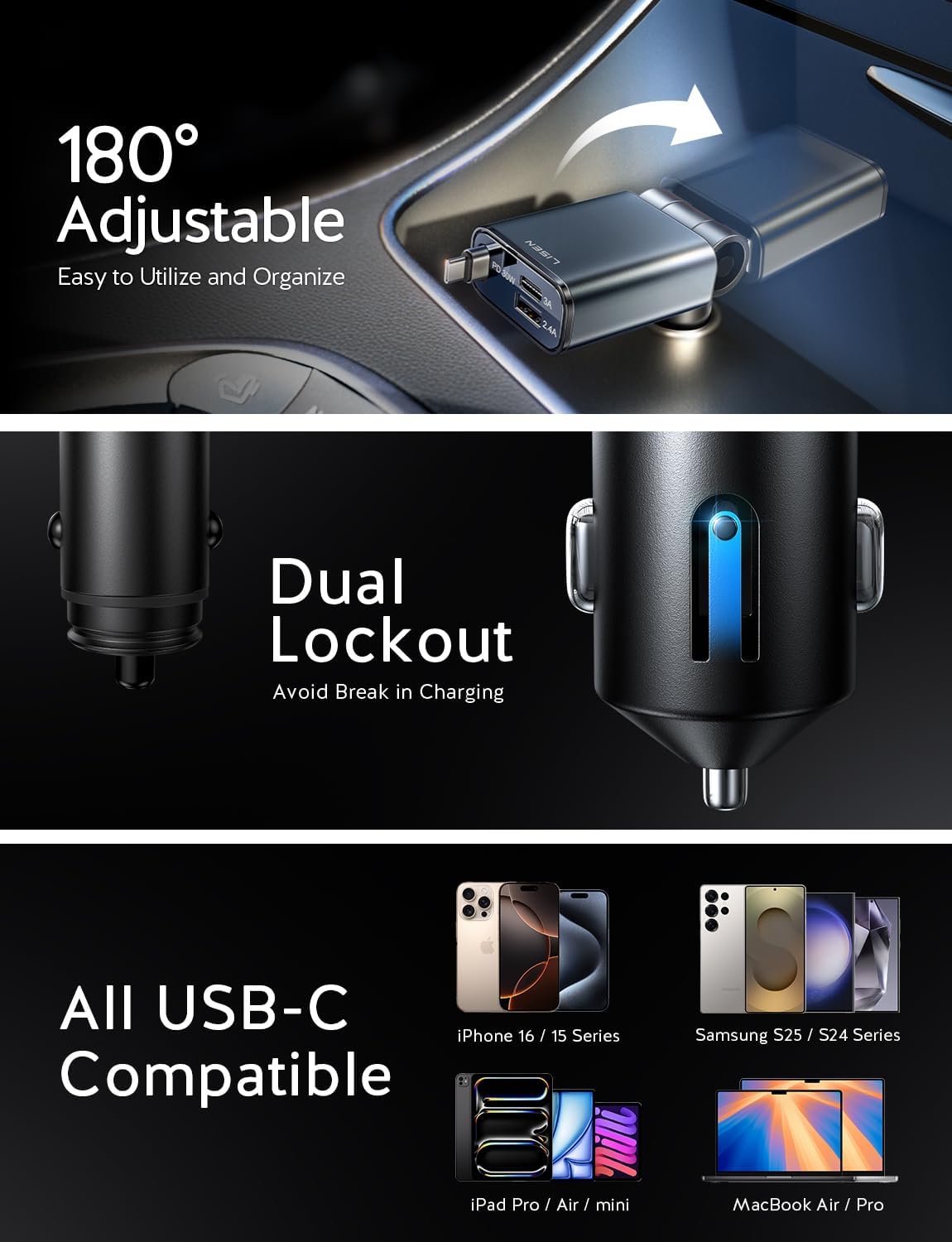 LISEN iPhone 16/15 Car Charger USB C Fast Charging Retractable