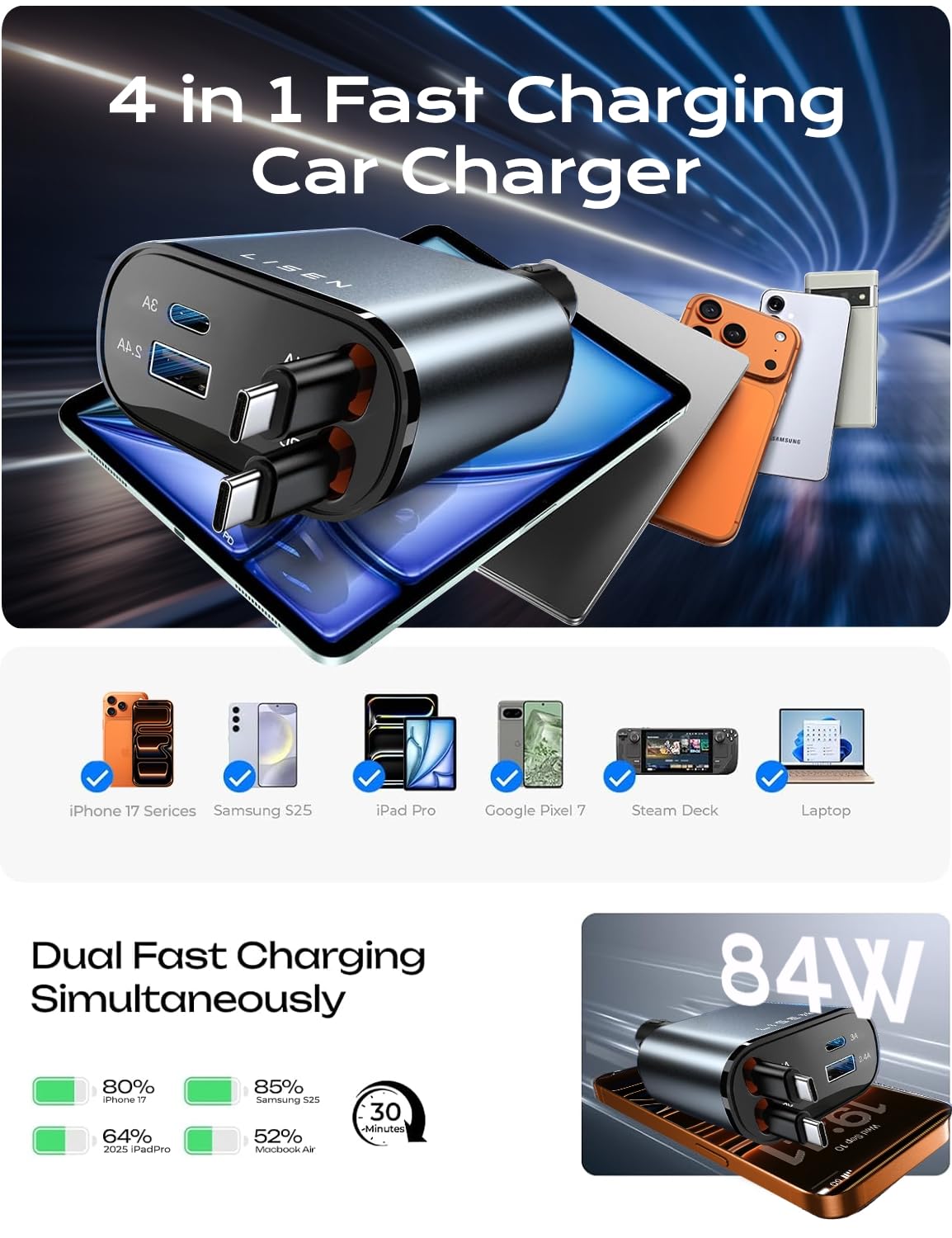 LISEN Retractable Car Charger, Dual USB C Retractable Cable Fast Car Adapter