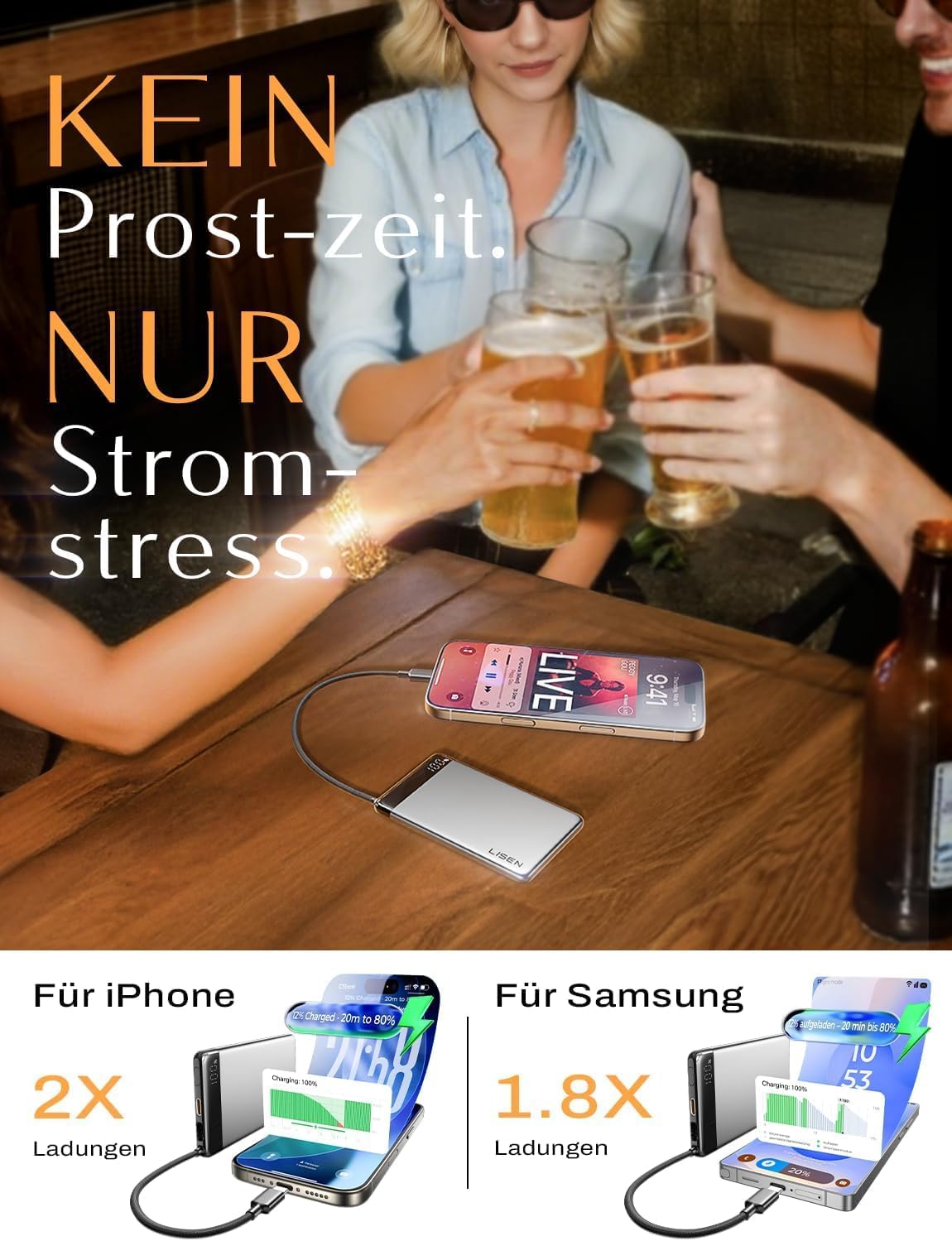 LISEN Slim Powerbank mit Kabel für