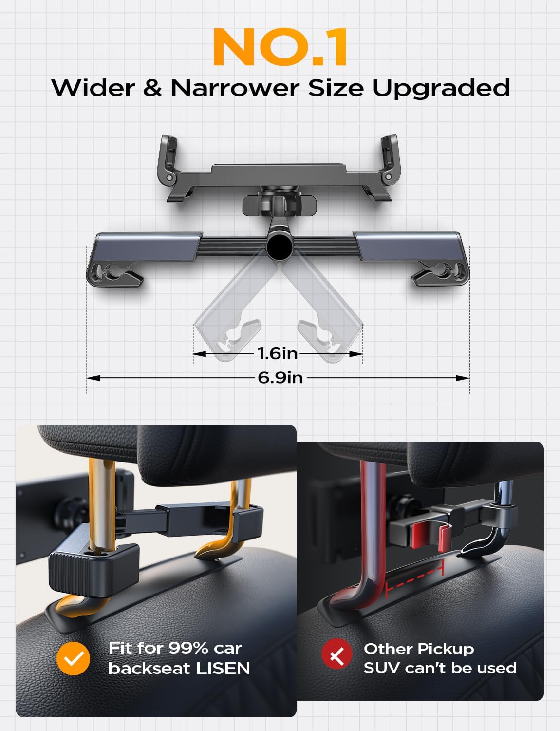 Supporto Tablet Auto LISEN Per Sedile Posteriore, In Alluminio E ABS, Regolabile 360°, Per IPad 4,7-13 Pollici, Compatibile Con Aste 10-185mm