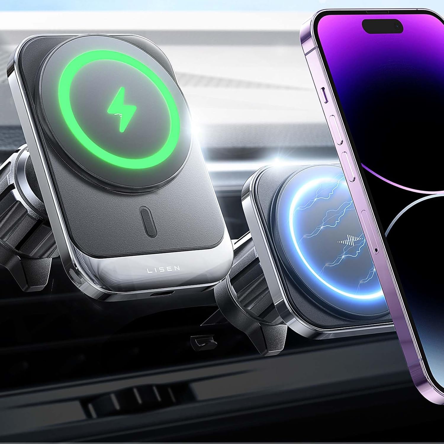 OHLPRO Compatible with MagSafe Car Mount, Magnetic Wireless Car Charger  with Extended Arm, Never Block Vents for iPhone 15/14/13/12 Serie, 15W Fast