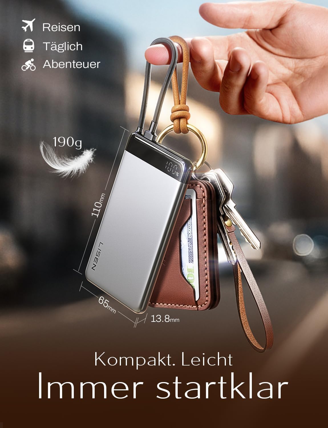 LISEN Slim Powerbank mit Kabel für