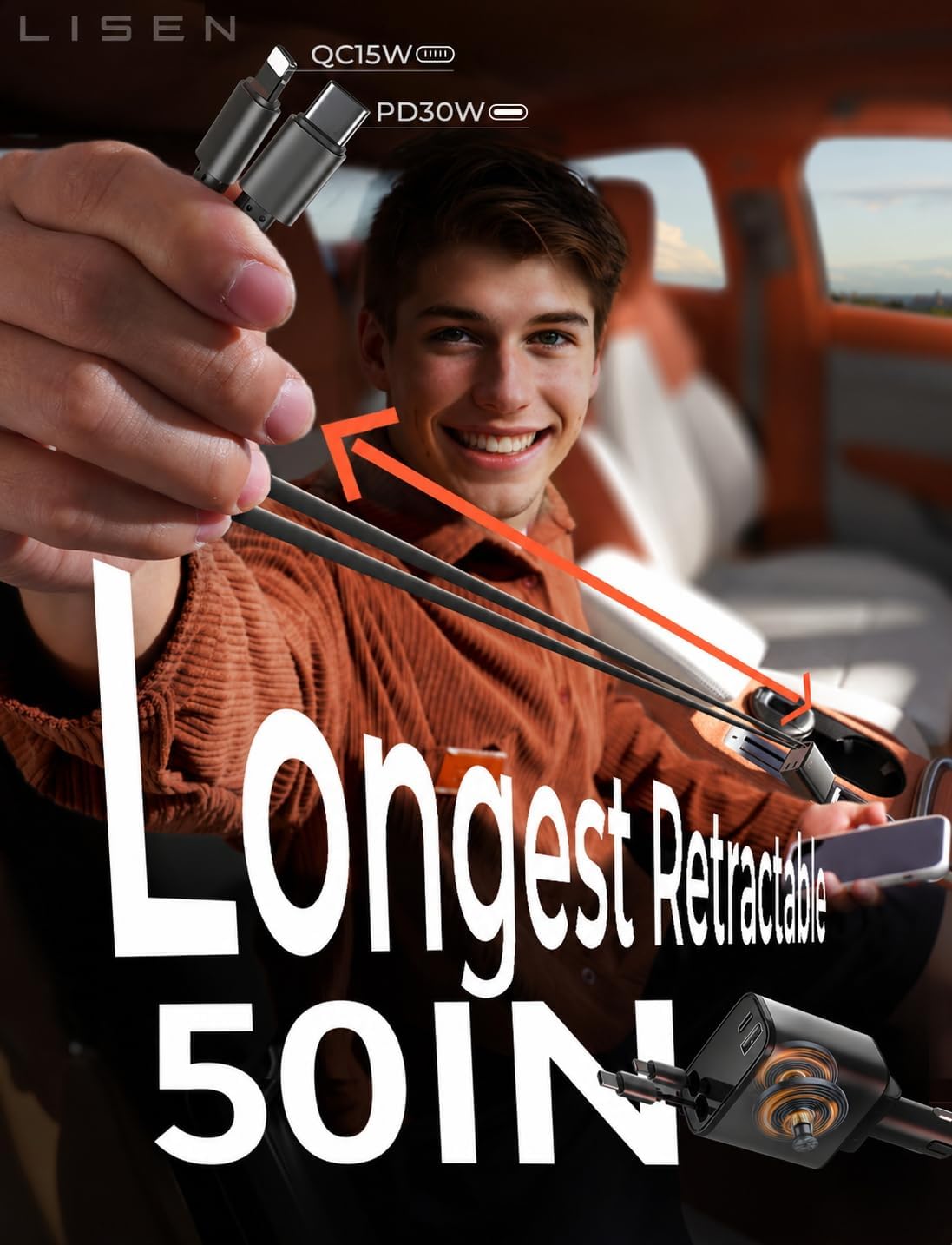 LISEN Retractable Car Charger, [2026 Upgrade 50 inch ] Long 4 in 1 Retractable Cable Car Charger