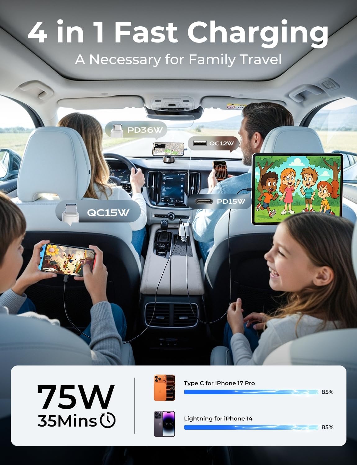 LISEN for iPhone 17 Retractable Car Charger