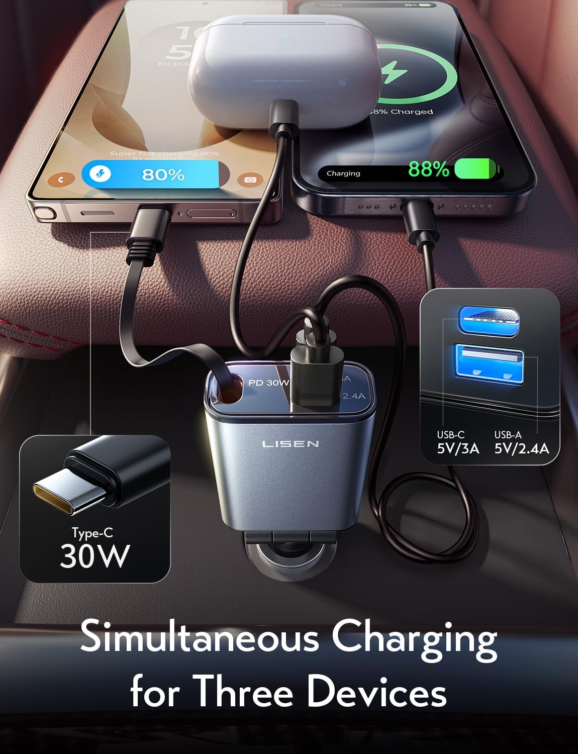 LISEN iPhone 16/15 Car Charger USB C Fast Charging Retractable