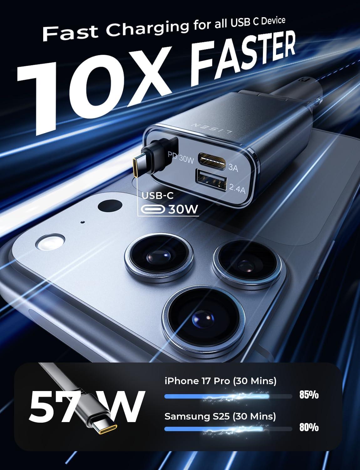 LISEN Retractable Car Charger USB C