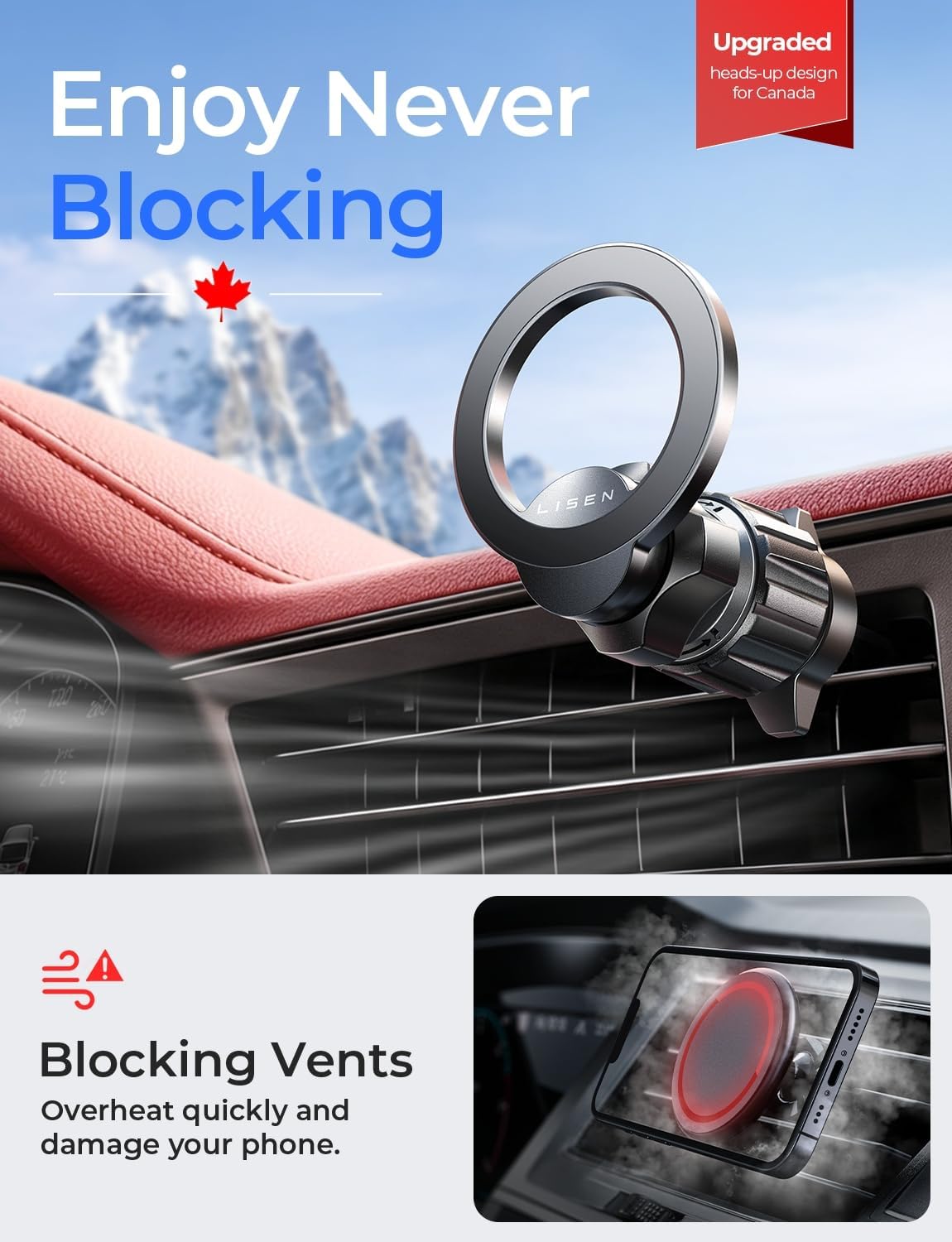 LISEN for MagSafe Car Mount,Magnetic Phone Holder Car,2-in-1 Vent Dashboard