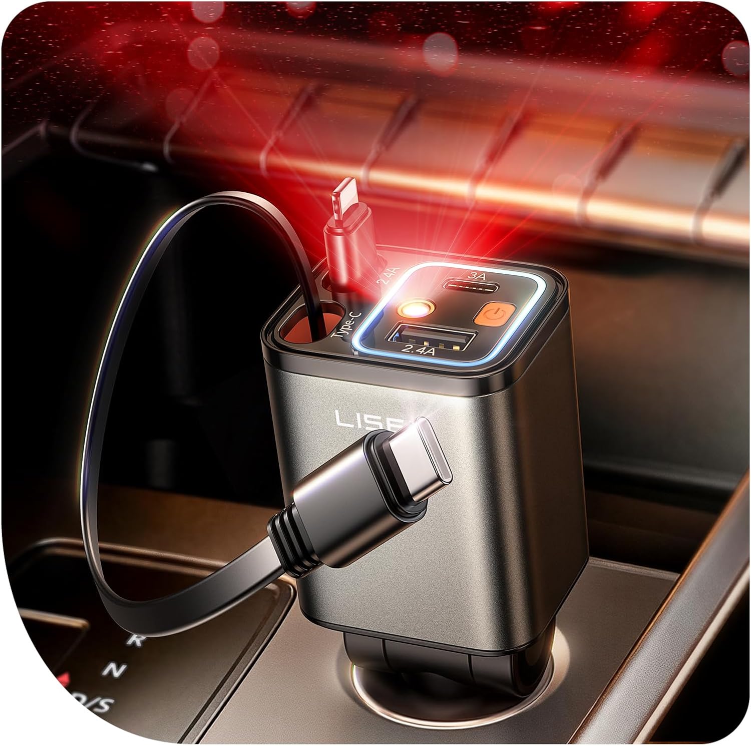 LISEN 4 in 1 Starlight Retractable Car Charger, 75W USB C Cigarette Adapter Fast Charging