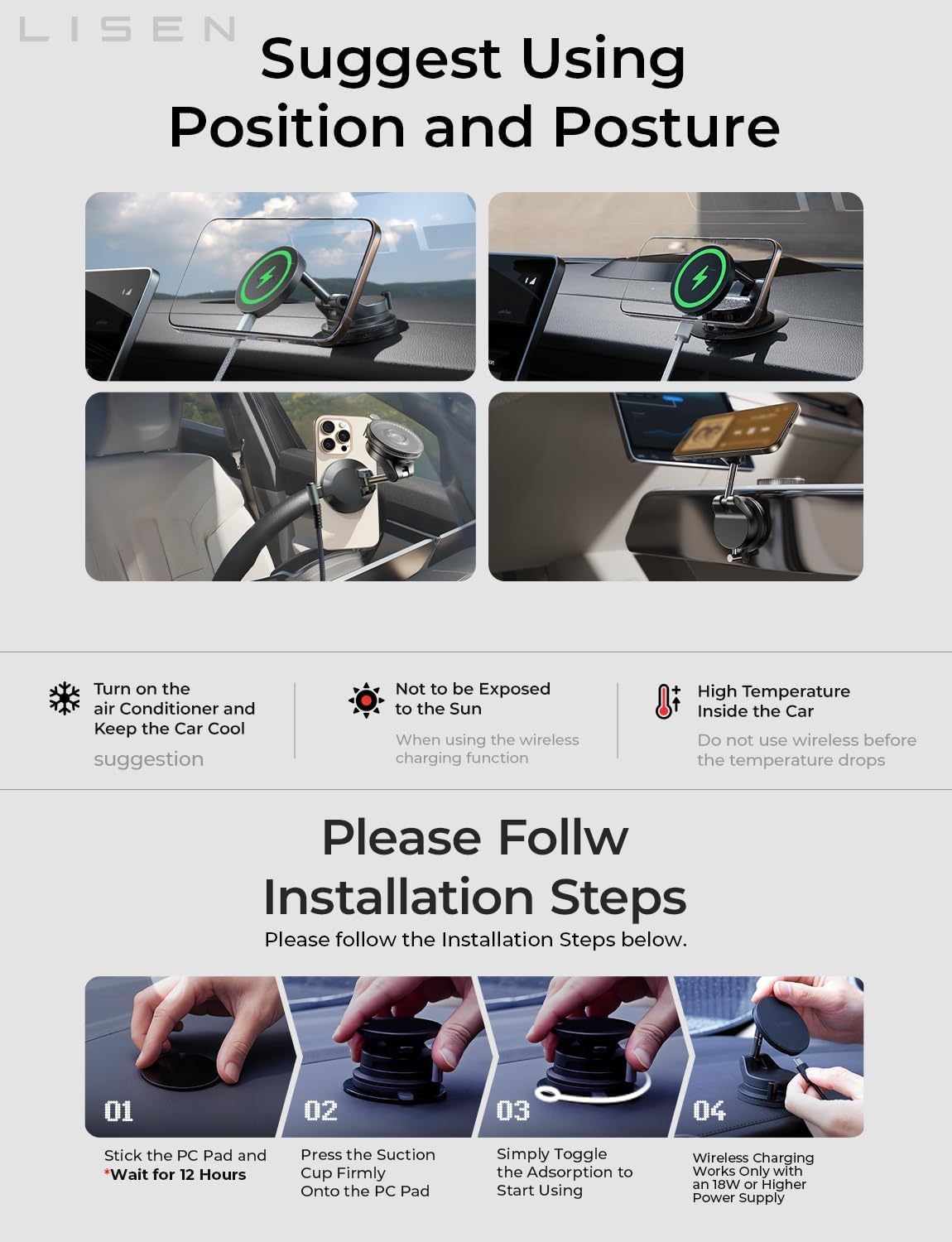 LISEN 15W Magsafe カーマウント充電器