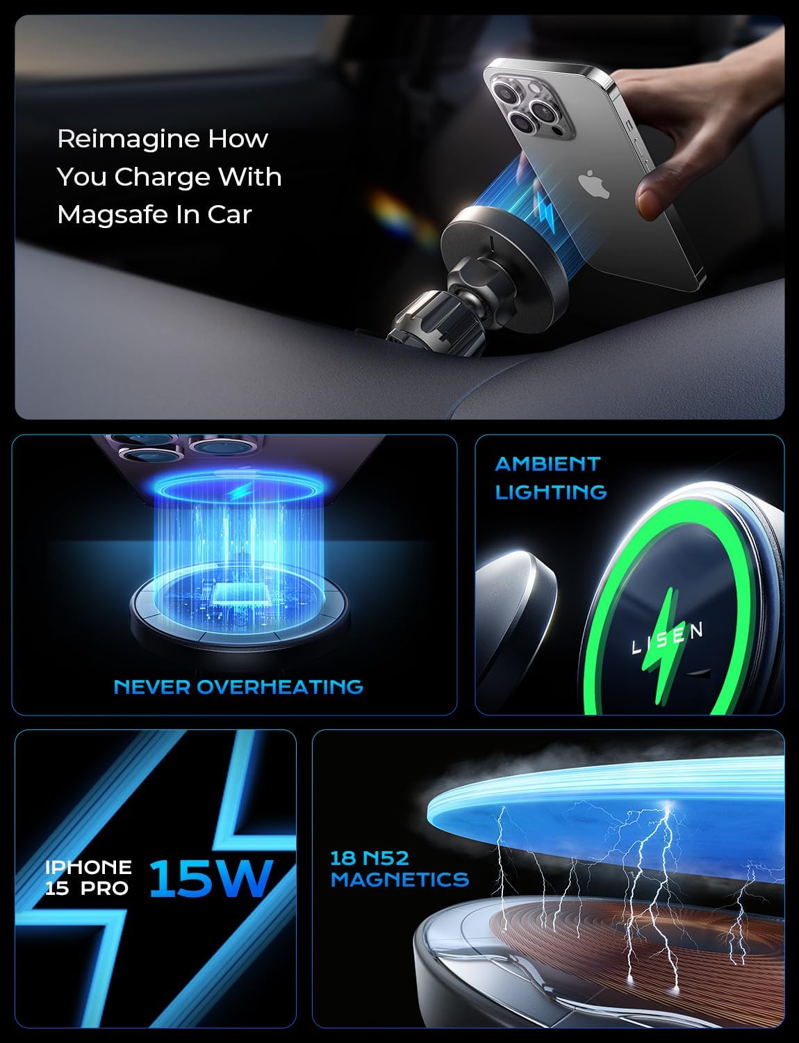 LISEN for 15W MagSafe Car Mount Charger,Wireless Car Charger