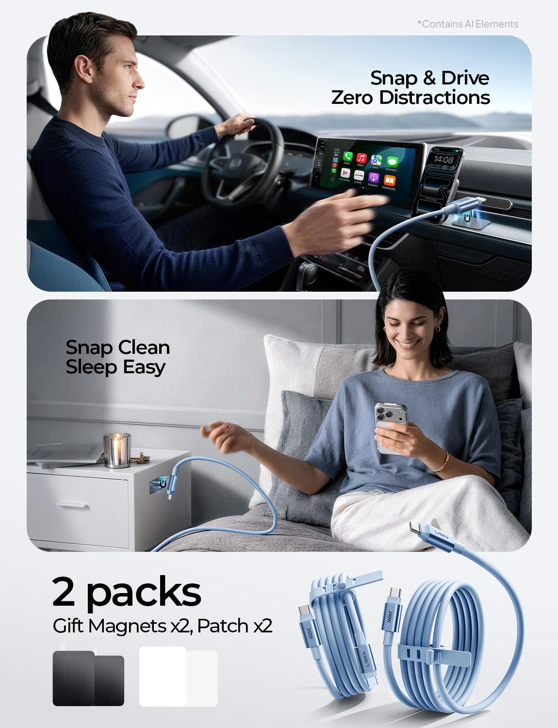 LISEN 240W Magnetic USB C Cable Fast Charging (2 Pack 5FT)