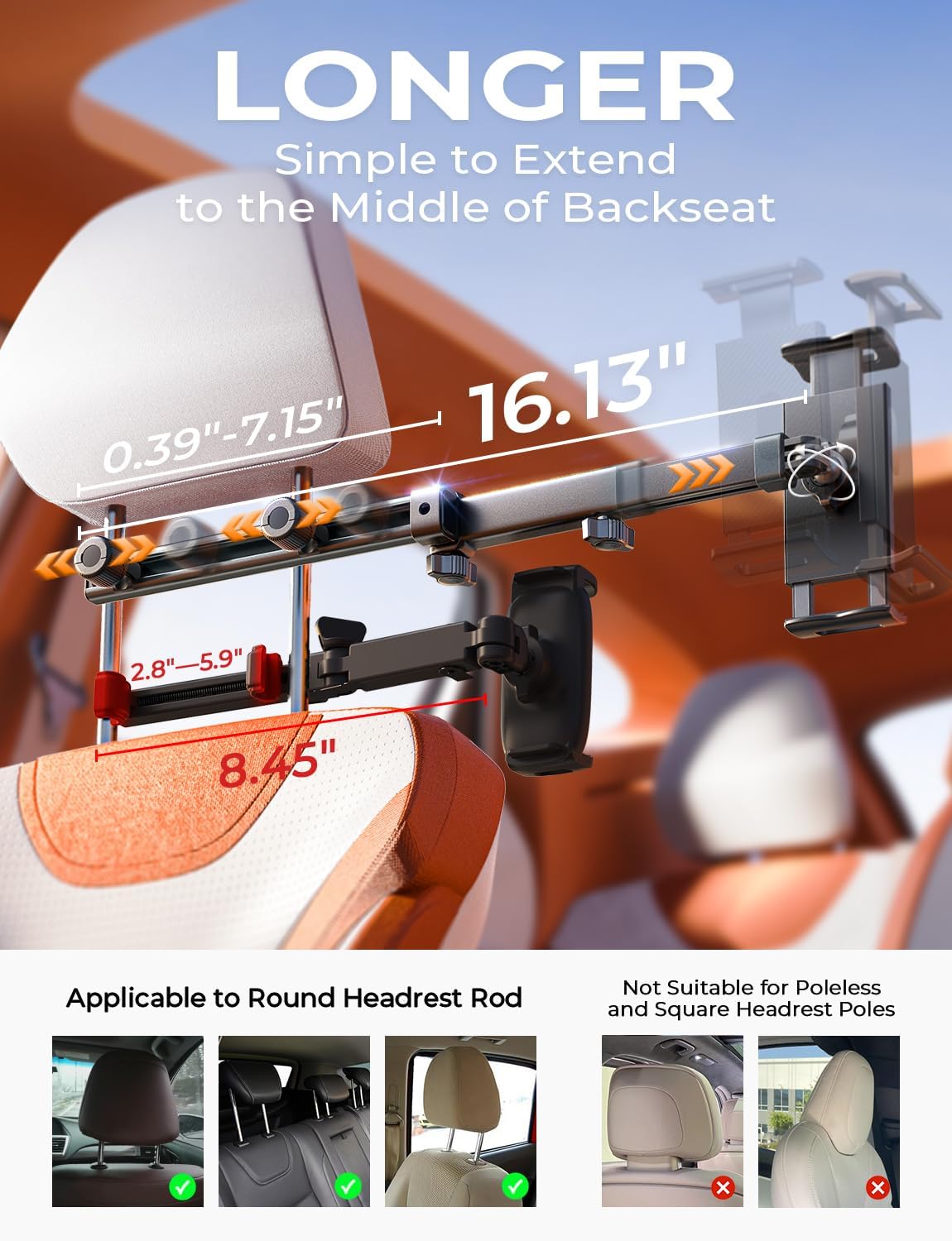LISEN iPad Holder for Car Tablet Mount, 4 in 1 Adjust Arm Back Seat Stand
