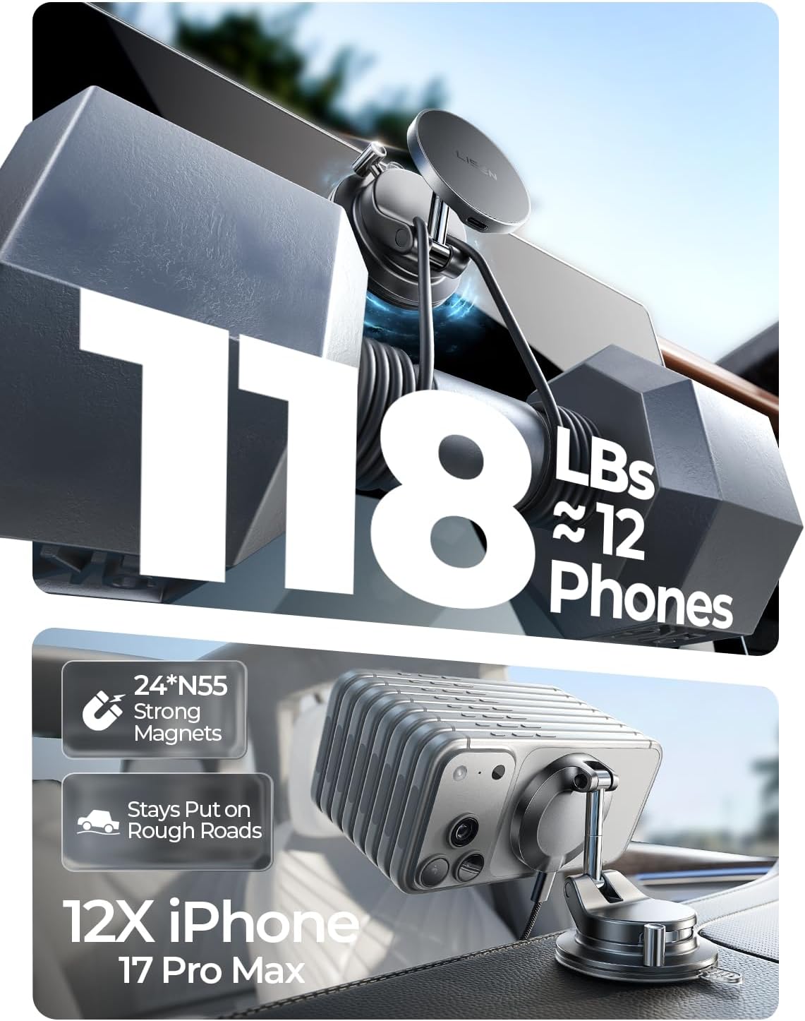 LISEN 15W Magsafe Car Mount Charger for iPhone 18 Pro Max, Magnetic Wireless Car Charger, Phone Mount, Magnetic Phone Holder for Carfor iPhone 18 Pro Max 17 16 15 14 13 12 Samsung Pixel