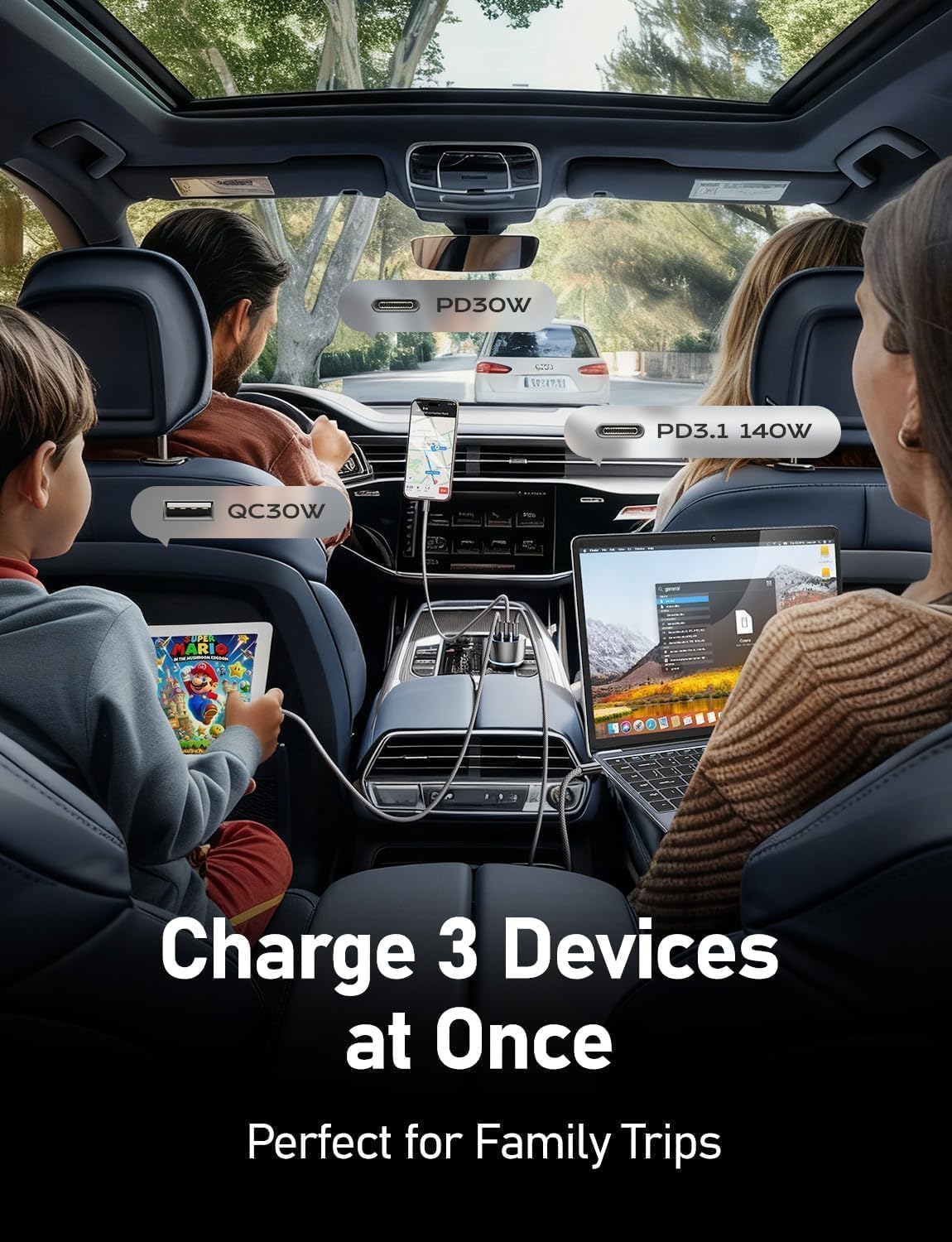 LISEN 170W Car Charger USB C Fast Charge Fast Car Charger, GaN Chip PD3.1 140W+PD30W/QC30W Cigarette Lighter USB Charger Adapter for iPhone17/16, MacBook Pro/Air, Laptop, Samsung S25/S24