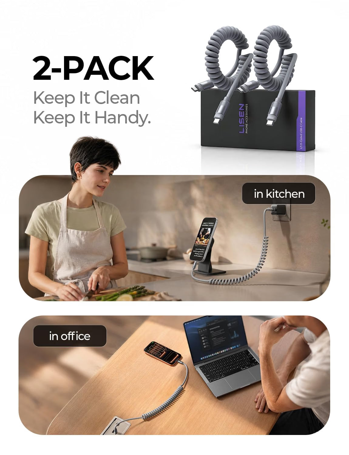 LISEN Coiled USB C Cable 2 Pack 60W Chubby Cable C to C Cable Fast Charging