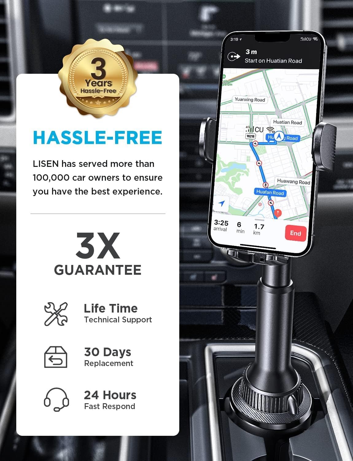 LISEN Cup Holder Phone Holder [No Shaking] Cell Phone Cup Holder for Car, Phone Mount One-Step Height Adjust Universal 360° Adjustable for iPhone 18 Pro Max 17 16 15 14 Samsung All 4-7'' Phone