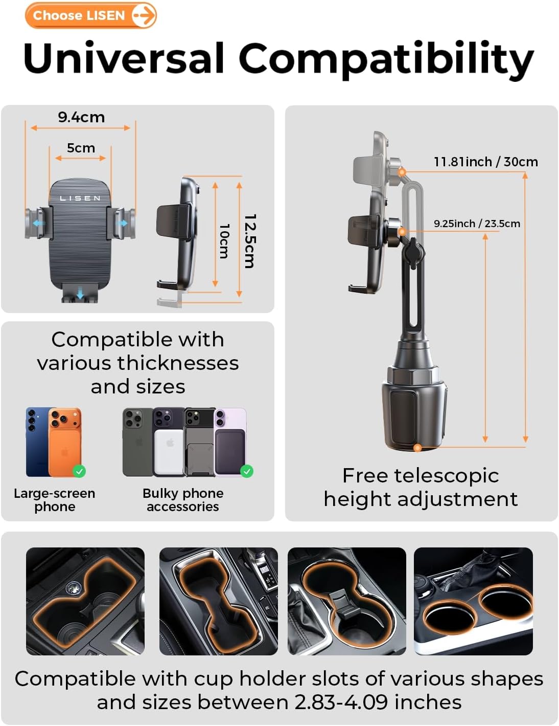 LISEN [Upgraded Version Cup Holder Phone Holder for Car, Universal 360° Adjustable Long Neck Car Phone Mount Golf Cart Truck Jeep, Compatible with iPhone Samsung Google & All 4.0-7.0 '' Phones