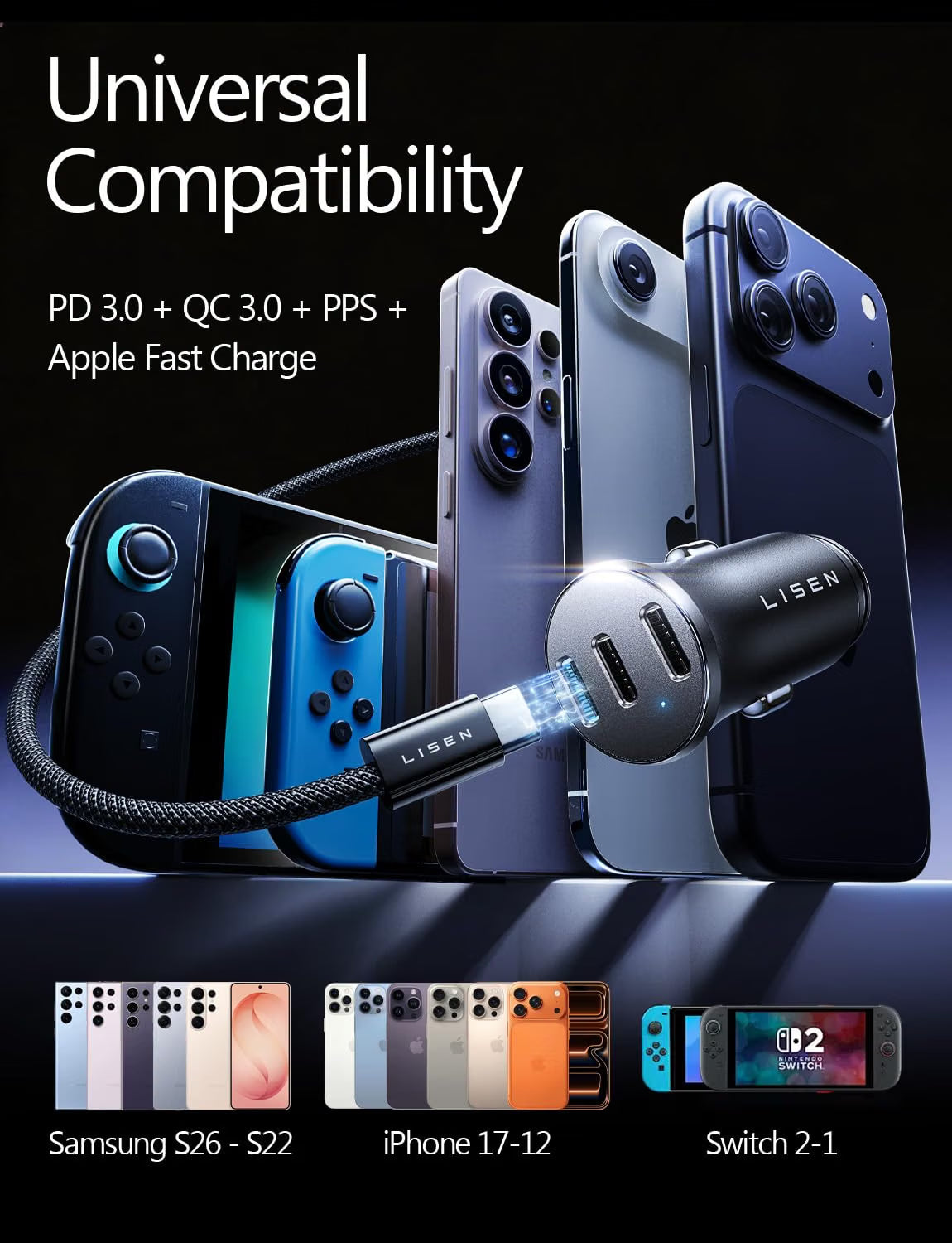 LISEN Smallest USB C Car Charger Fast Charge 3‑Port (36W PD/33W PPS/QC3.0)