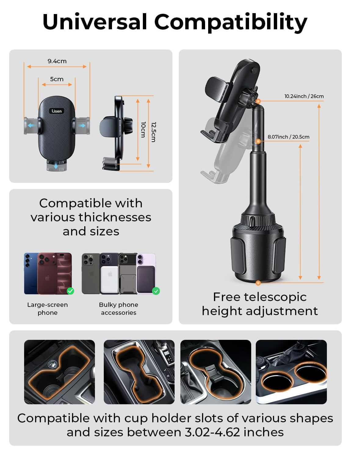LISEN Cup Holder Phone Holder [No Shaking] Cell Phone Cup Holder for Car, Phone Mount One-Step Height Adjust Universal 360° Adjustable for iPhone 18 Pro Max 17 16 15 14 Samsung All 4-7'' Phone