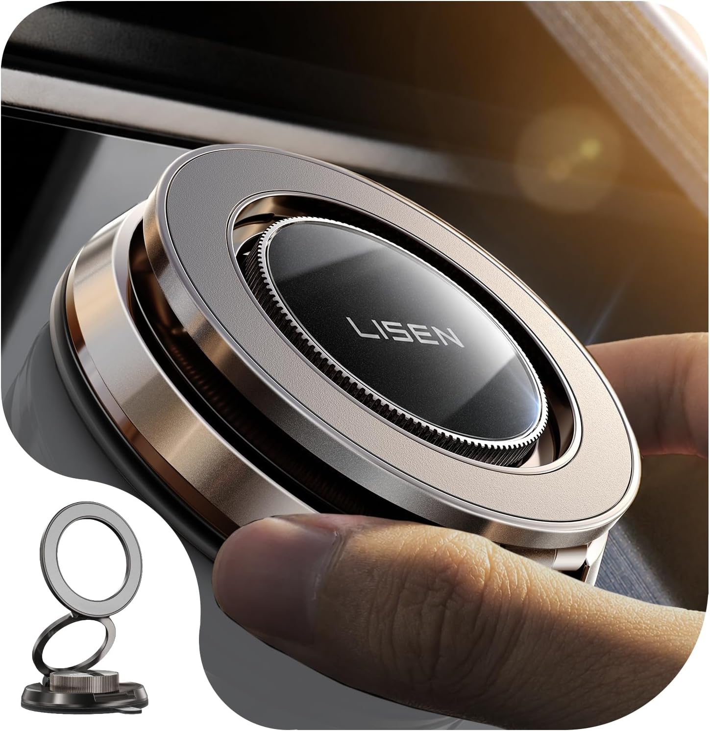 LISEN Magnetic Magsafe Phone Holder Suction Car Mount [20 Strongest Magnets＆All-Metal] LunaRing Car Phone Holder 360° Rotation Support Cellulaire Auto for Car Accessories iPhone 17 Pro Max 16 15 14
