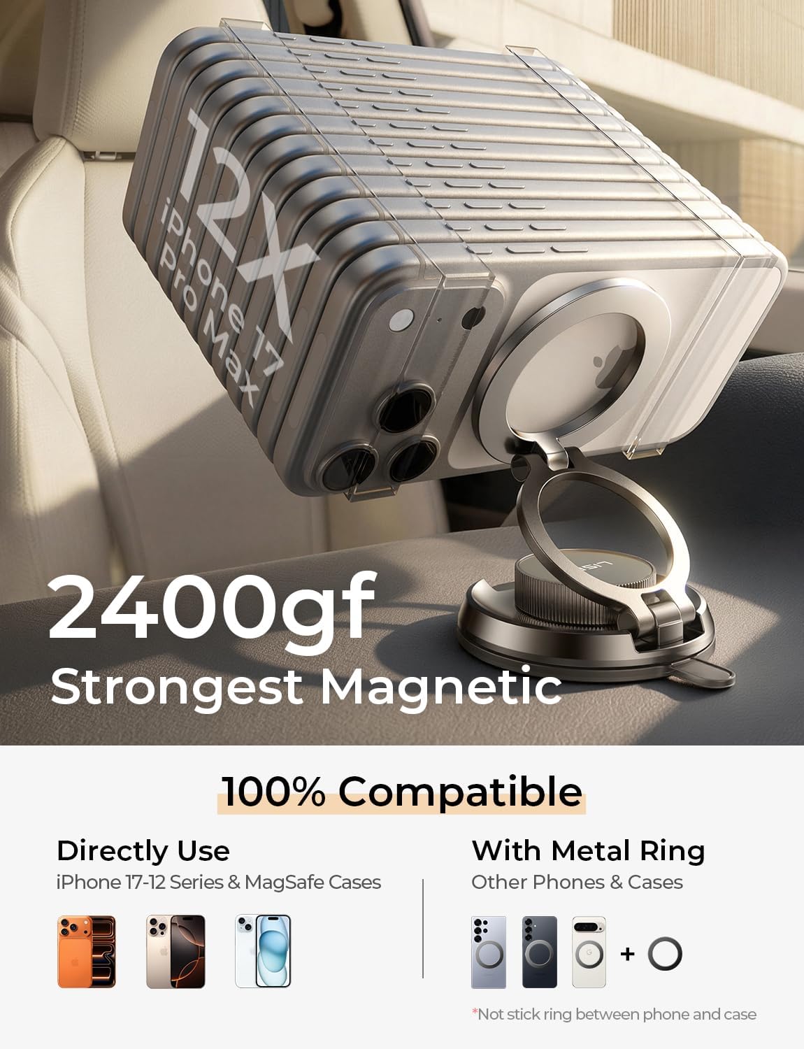 LISEN Magnetic Magsafe Phone Holder Suction Car Mount [20 Strongest Magnets＆All-Metal] LunaRing Car Phone Holder 360° Rotation Support Cellulaire Auto for Car Accessories iPhone 17 Pro Max 16 15 14