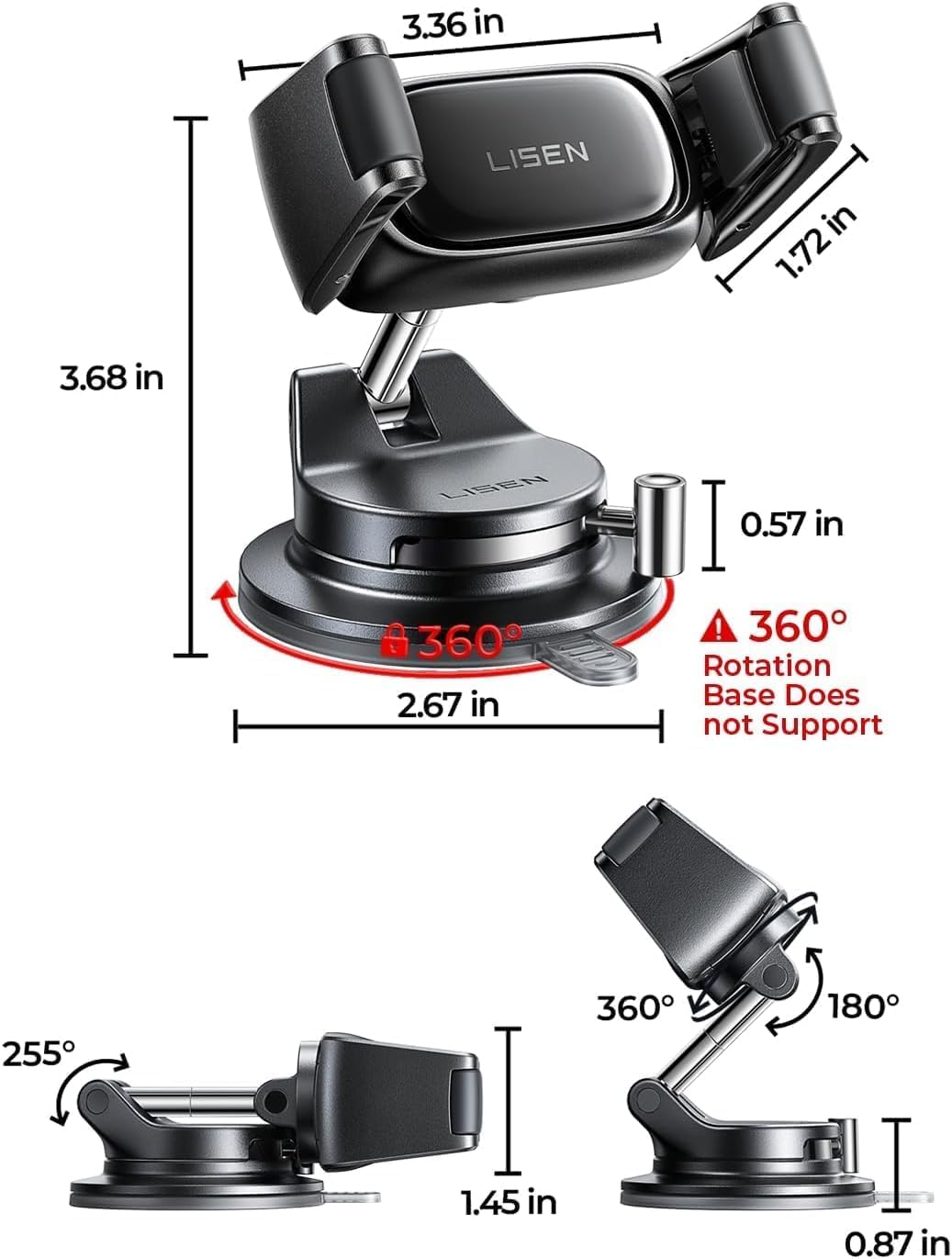 LISEN Car Phone Holder [2026 Industry-First] Dashboard/Windscreen Mobile Car Phone Mount Suction Phone Holder for Cars for iPhone 17 16 Pro Max Samsung S26 Gadgets,Black Medium