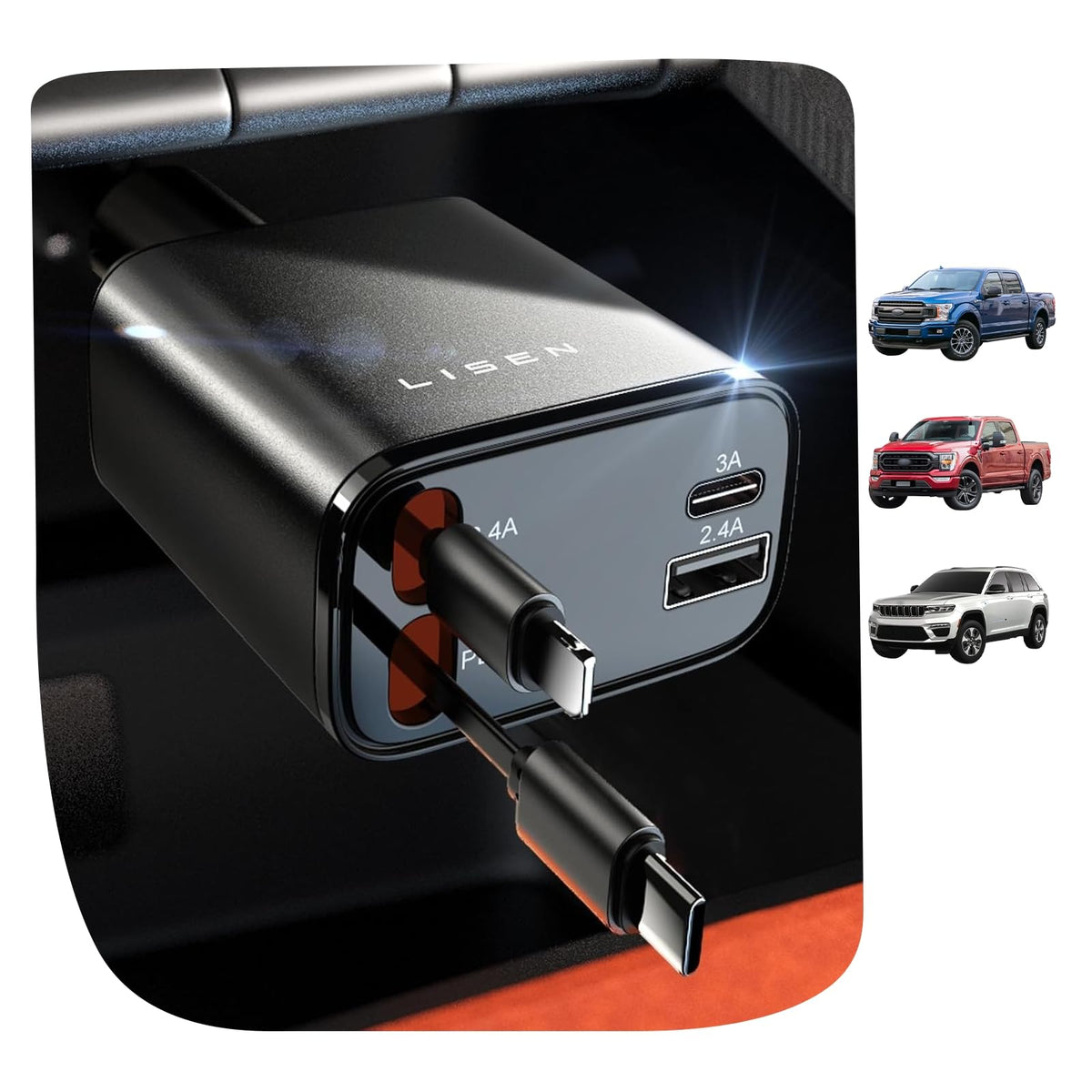LISEN Retractable Car Charger 4 in 1 for Cars, 84W Retractable USB C, Black