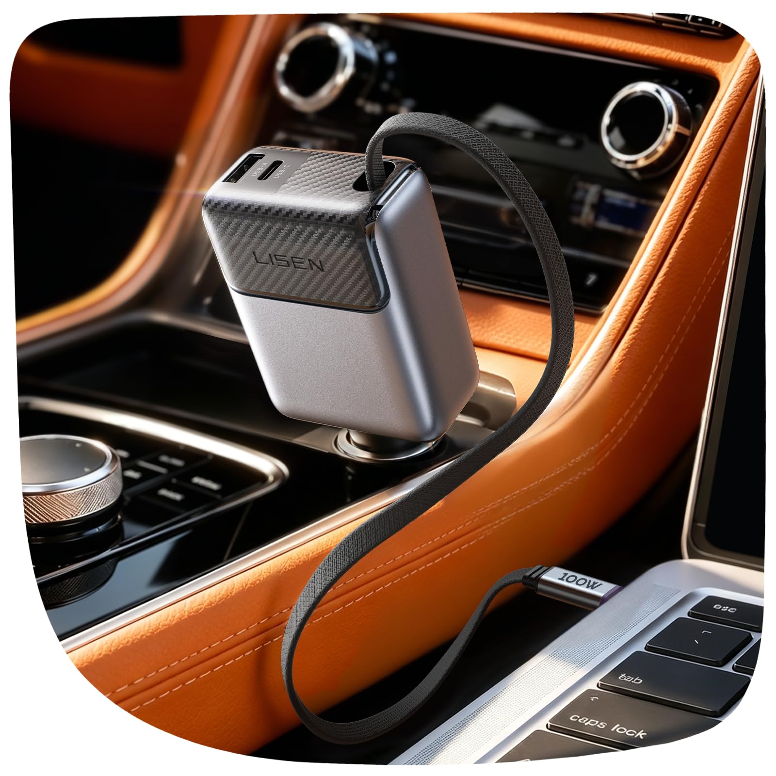 LISEN 136W Retractable Car Charger USB C Fast Charge, PD 100W Type C Retractable Cable, Cigarette Lighter Adapter for MacBook Pro/Air, iPhone 17/16/15 Pro Max, Samsung S26/S25 Ultra, iPad Pro, Laptop