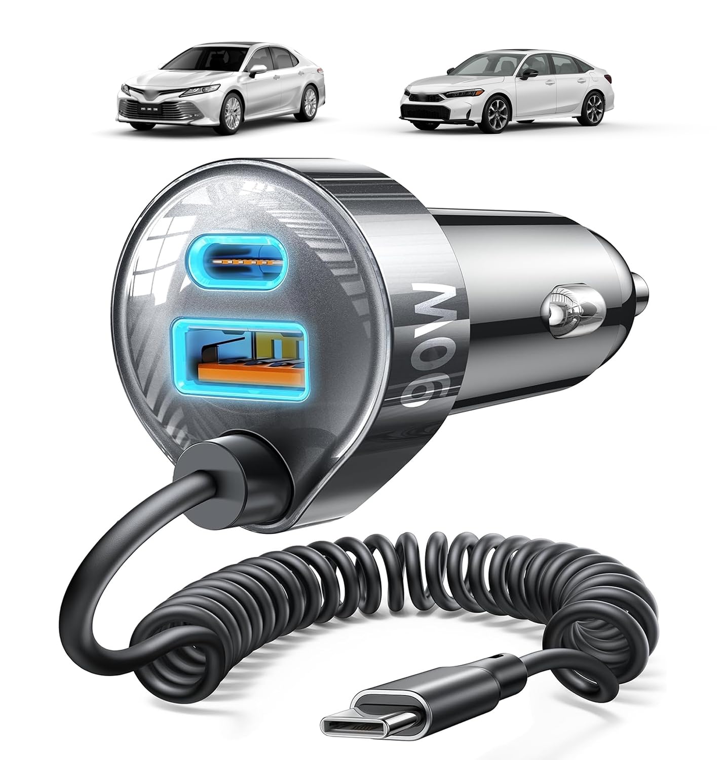 LISEN Car Charger with 45W Built-in USB-C 36 inch Coiled Cablle, 90W Multi-Port Fast Charging Cigarette Lighter Adapter for iPhone 17/16/15 Pro Max, Samsungg Galaxy S26 Ultra, Black