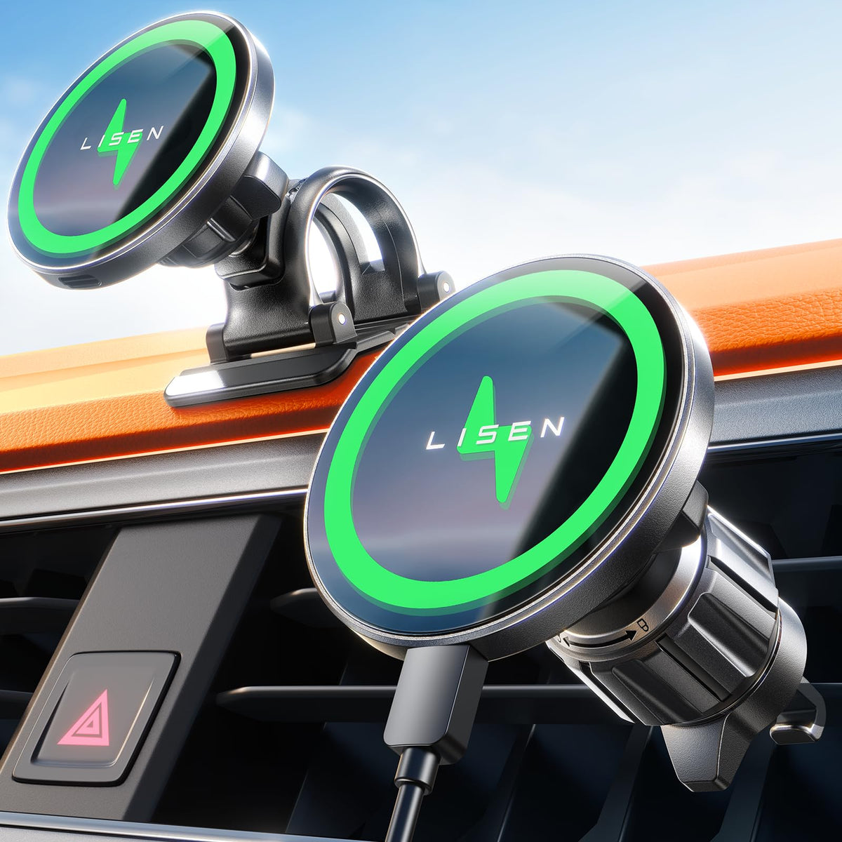 LISEN 15W Pro Support Téléphone Voiture Magsafe Induction Chargeur -[24X N52 Aimants] Support Telephone Voiture Magnetique, 360°Rotation Porte Telephone Voiture Aimanté pour iPhone 17 Pro Max 16-12