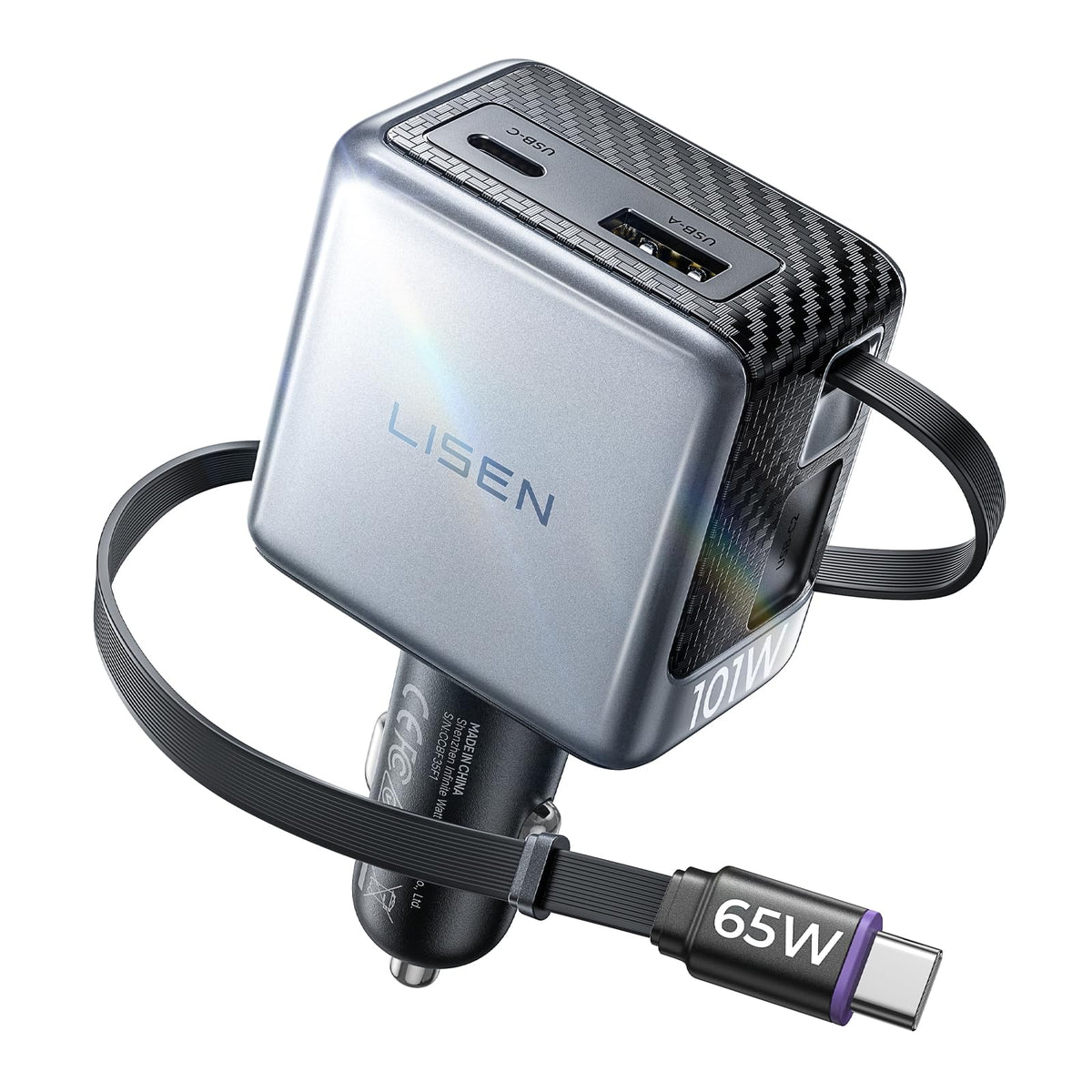 LISEN 101W AVS Fast Car Charger with Built-in Retractable USB C Cable