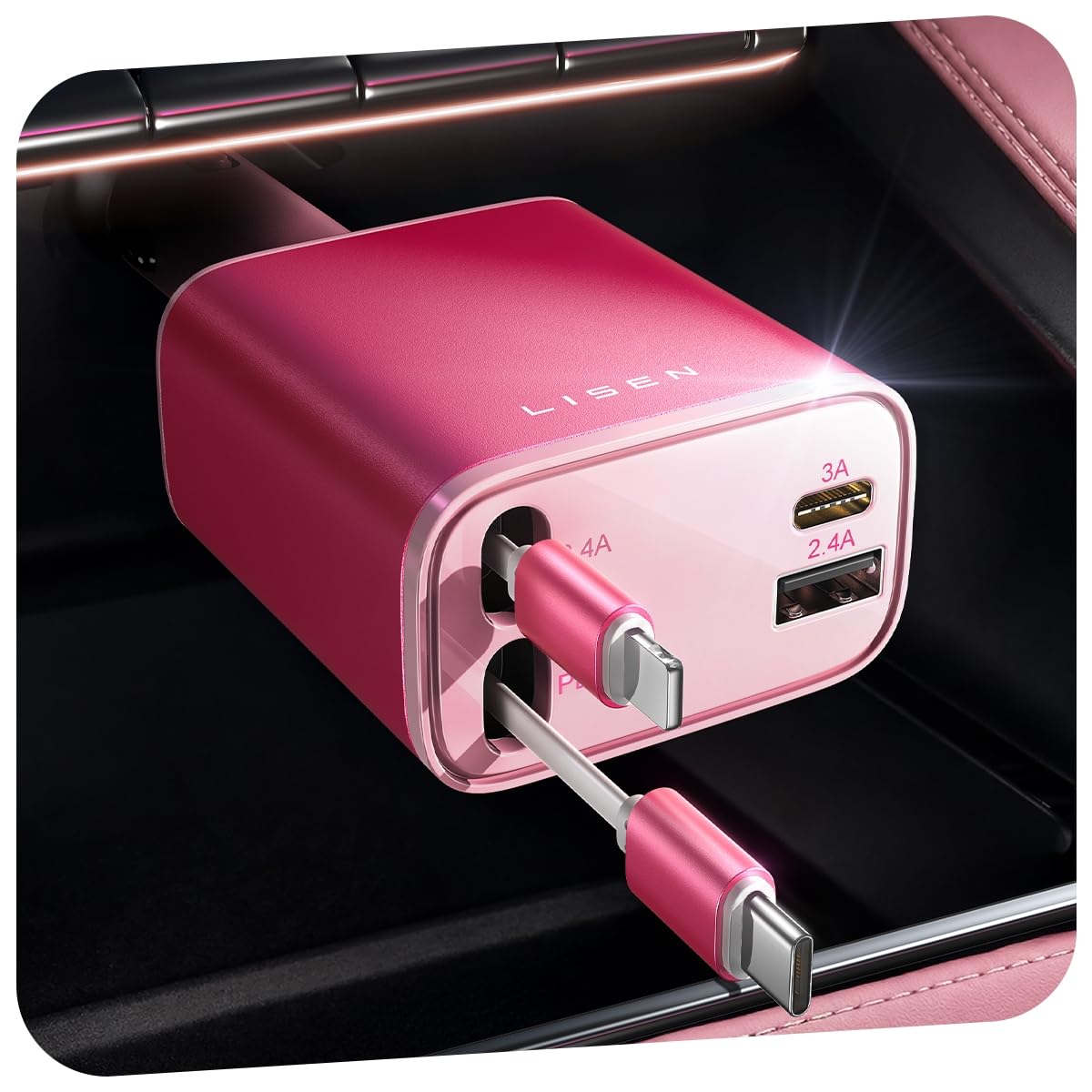 LISEN Retractable Car Charger, Pink-White