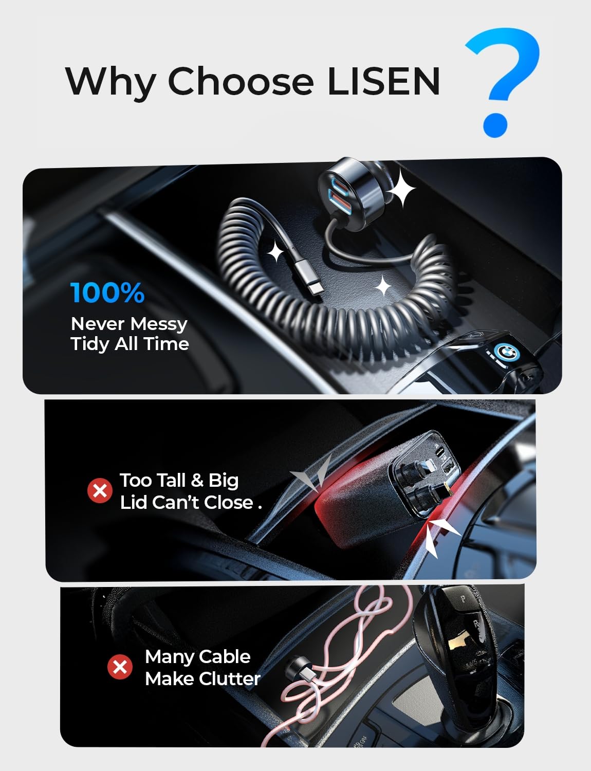 LISEN Car Charger with 45W Built-in USB-C 36 inch Coiled Cablle, 90W Multi-Port Fast Charging Cigarette Lighter Adapter for iPhone 17/16/15 Pro Max, Samsungg Galaxy S26 Ultra, Black