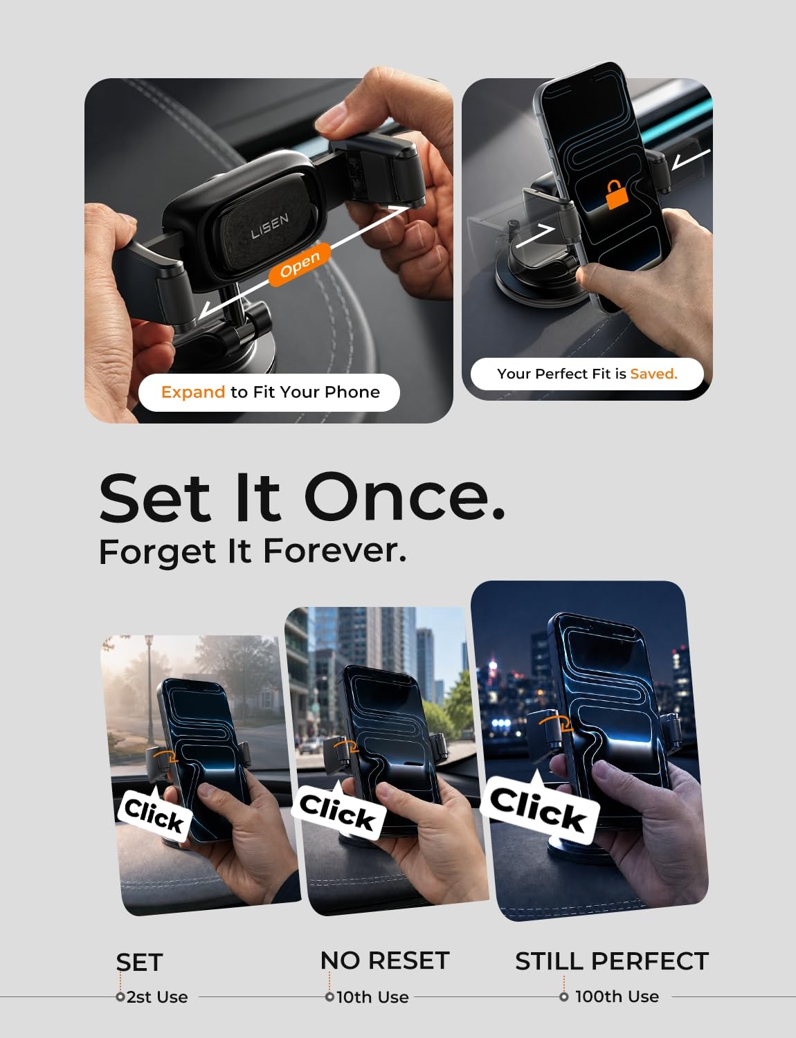 LISEN Car Phone Holder [2026 Industry-First] Dashboard/Windscreen Mobile Car Phone Mount Suction Phone Holder for Cars for iPhone 17 16 Pro Max Samsung S26 Gadgets,Black Medium