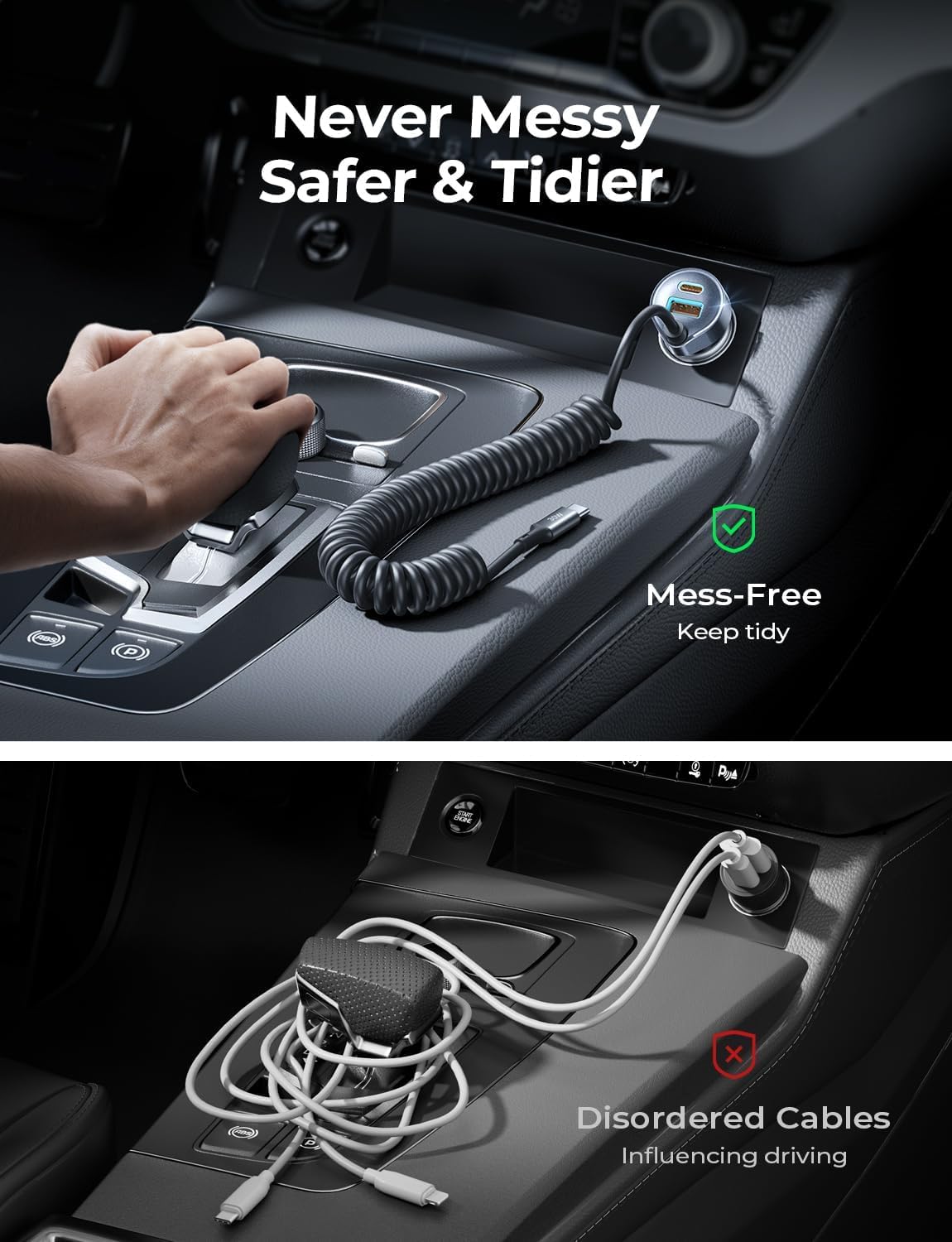 LISEN Car Charger with 45W Built-in USB-C 36 inch Coiled Cablle, 90W Multi-Port Fast Charging Cigarette Lighter Adapter for iPhone 17/16/15 Pro Max, Samsungg Galaxy S26 Ultra, Black