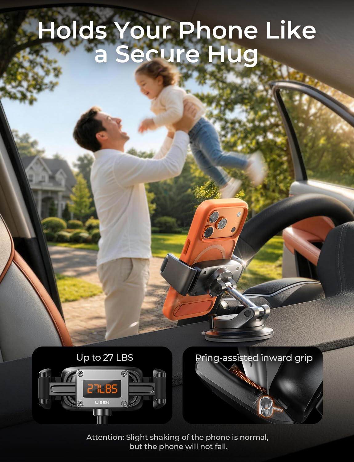 LISEN Car Phone Holder [2026 Industry-First] Dashboard/Windscreen Mobile Car Phone Mount Suction Phone Holder for Cars for iPhone 17 16 Pro Max Samsung S26 Gadgets,Black Medium