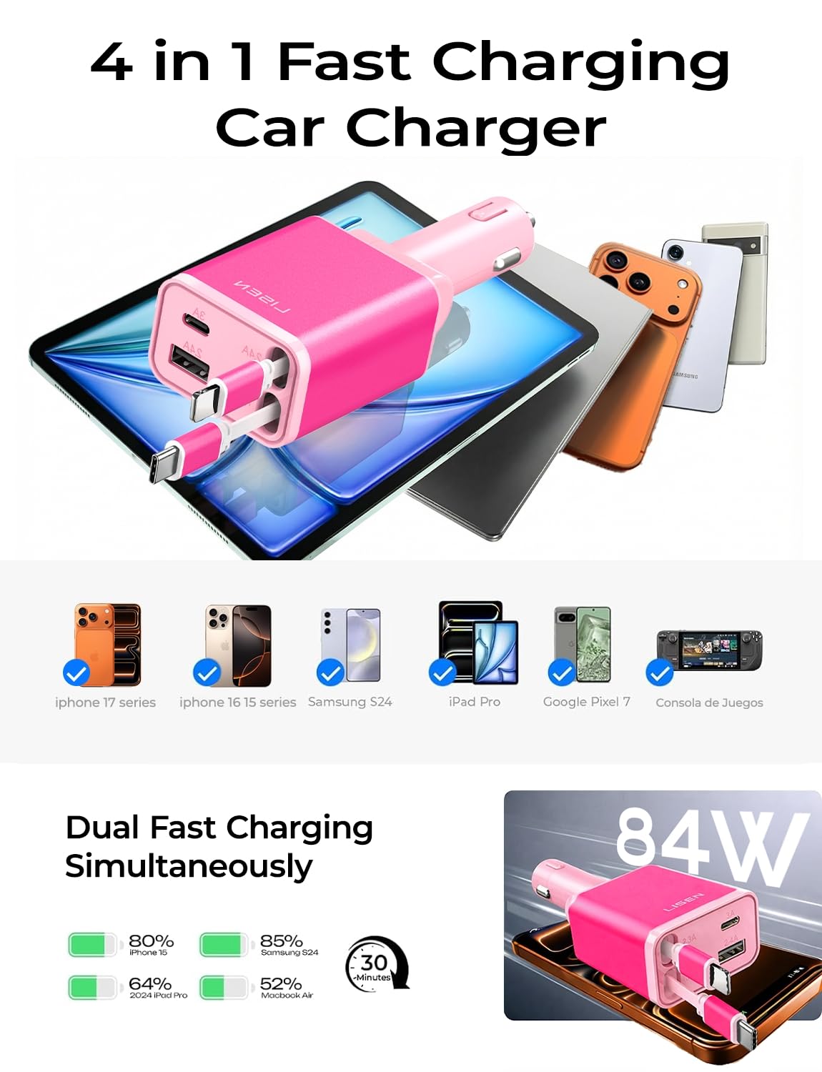 LISEN Retractable Car Charger, Pink-White