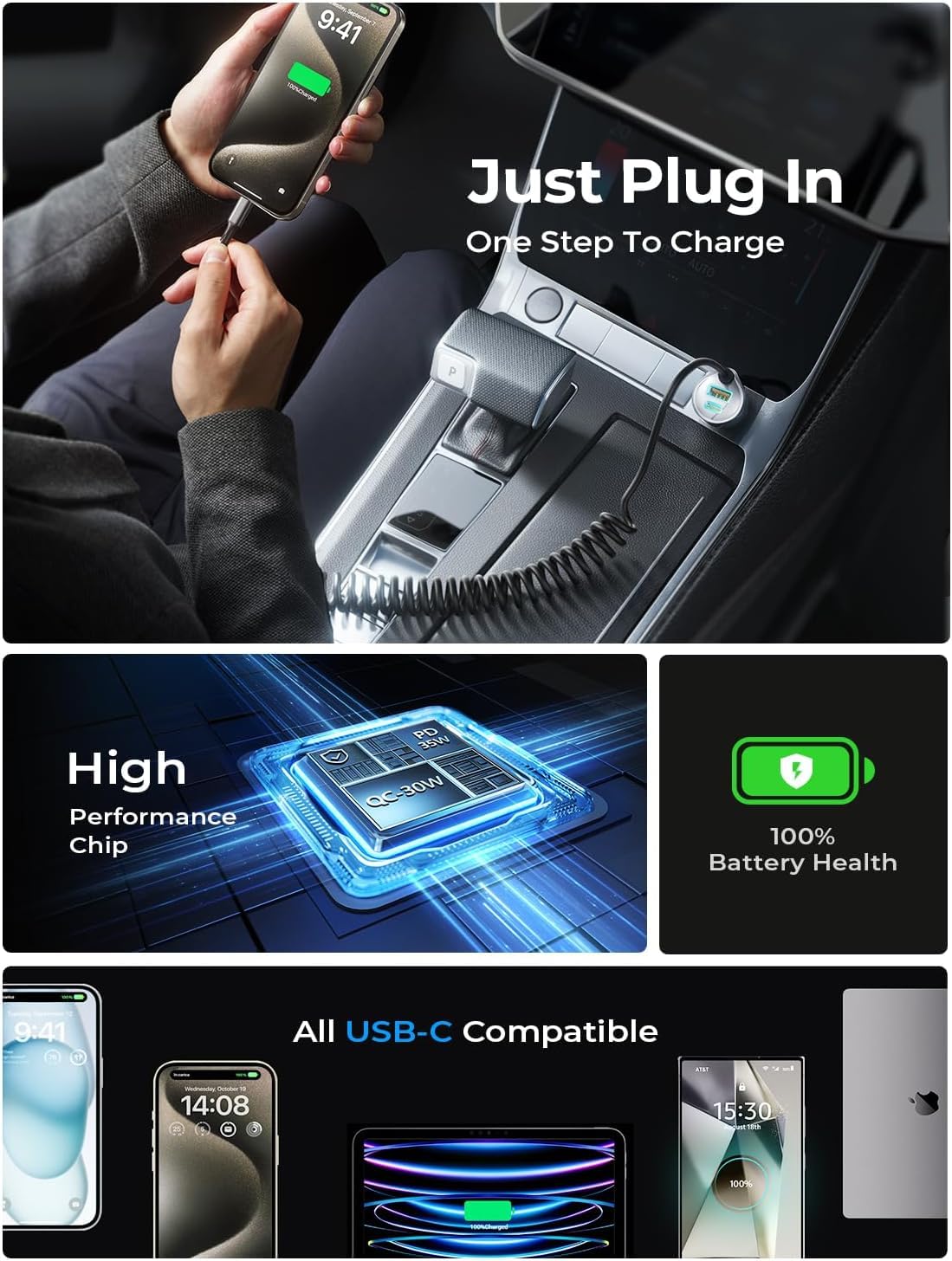 LISEN Car Charger with 45W Built-in USB-C 36 inch Coiled Cablle, 90W Multi-Port Fast Charging Cigarette Lighter Adapter for iPhone 17/16/15 Pro Max, Samsungg Galaxy S26 Ultra, Black