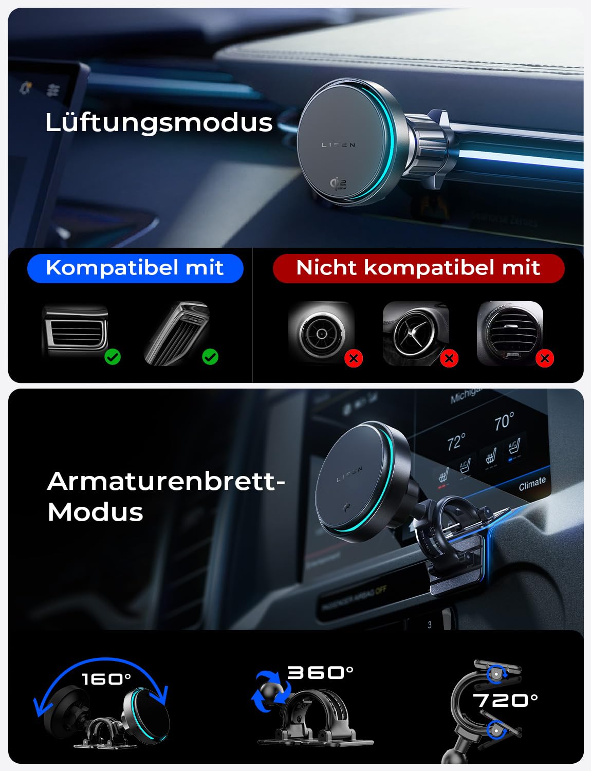 LISEN Qi2.2 25W MagSafe Autohalterung mit Kühllüfter & 95 W Ladegerät |