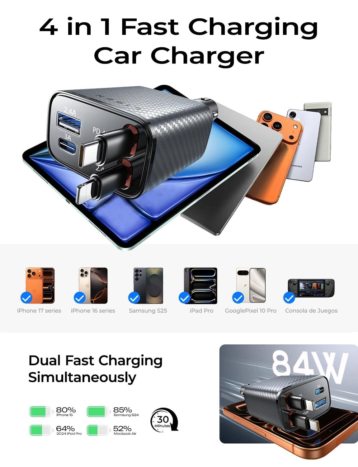 LISEN Retractable Car Charger, 84W Car Charger USB C Fast Charger Adapter, Car Accessories for Men Women, Gifts for Fathers Day for Men Dad Husband, for iPhone 17 16 15 14 13 12 Pro Max, Carbon-Grey