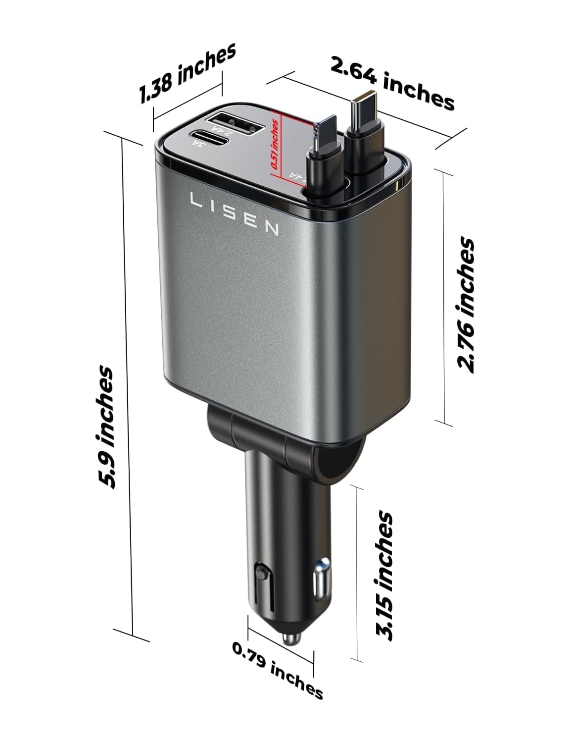 LISEN Retractable Car Charger 4 in 1 for Cars, 84W Retractable USB C, Black