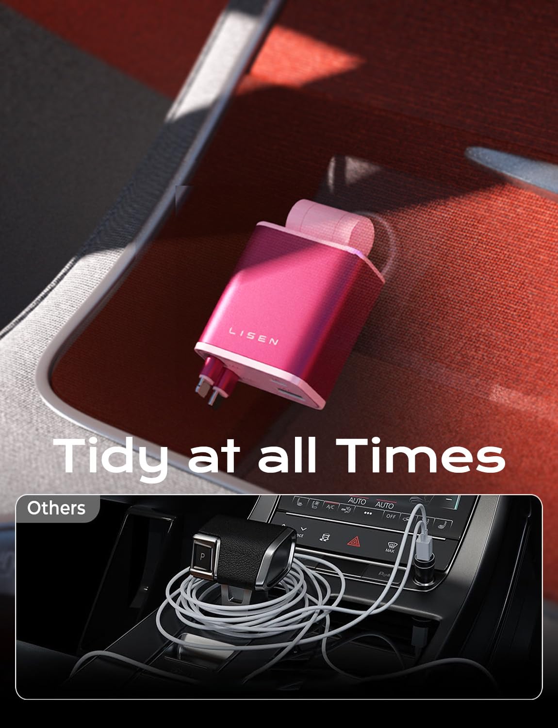 LISEN Retractable Car Charger, Pink-White