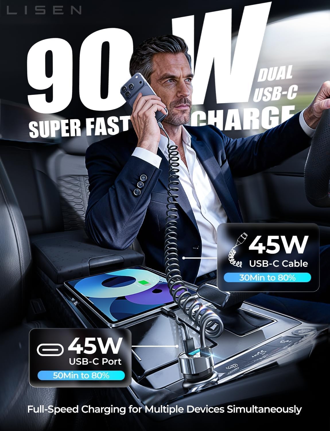 LISEN 90W for iPhone 17 16 15 Pro Max Car Charger USB C Fast Charge Super Fast for iPhone 17e 16e Cigarette Lighter USB C Adapter for iPhone 17 Pro Max,Samsung Galaxy S26 Ultra, Car Accessories