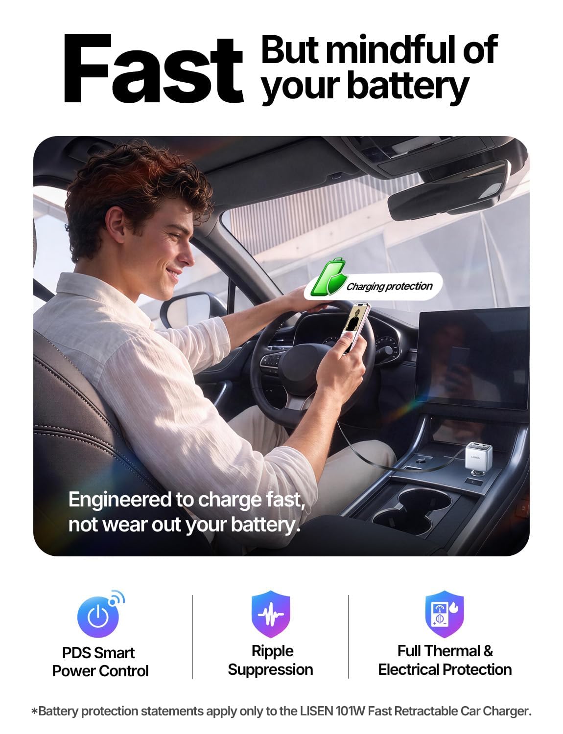 LISEN 101W AVS Fast Car Charger with Built-in Retractable USB C Cable